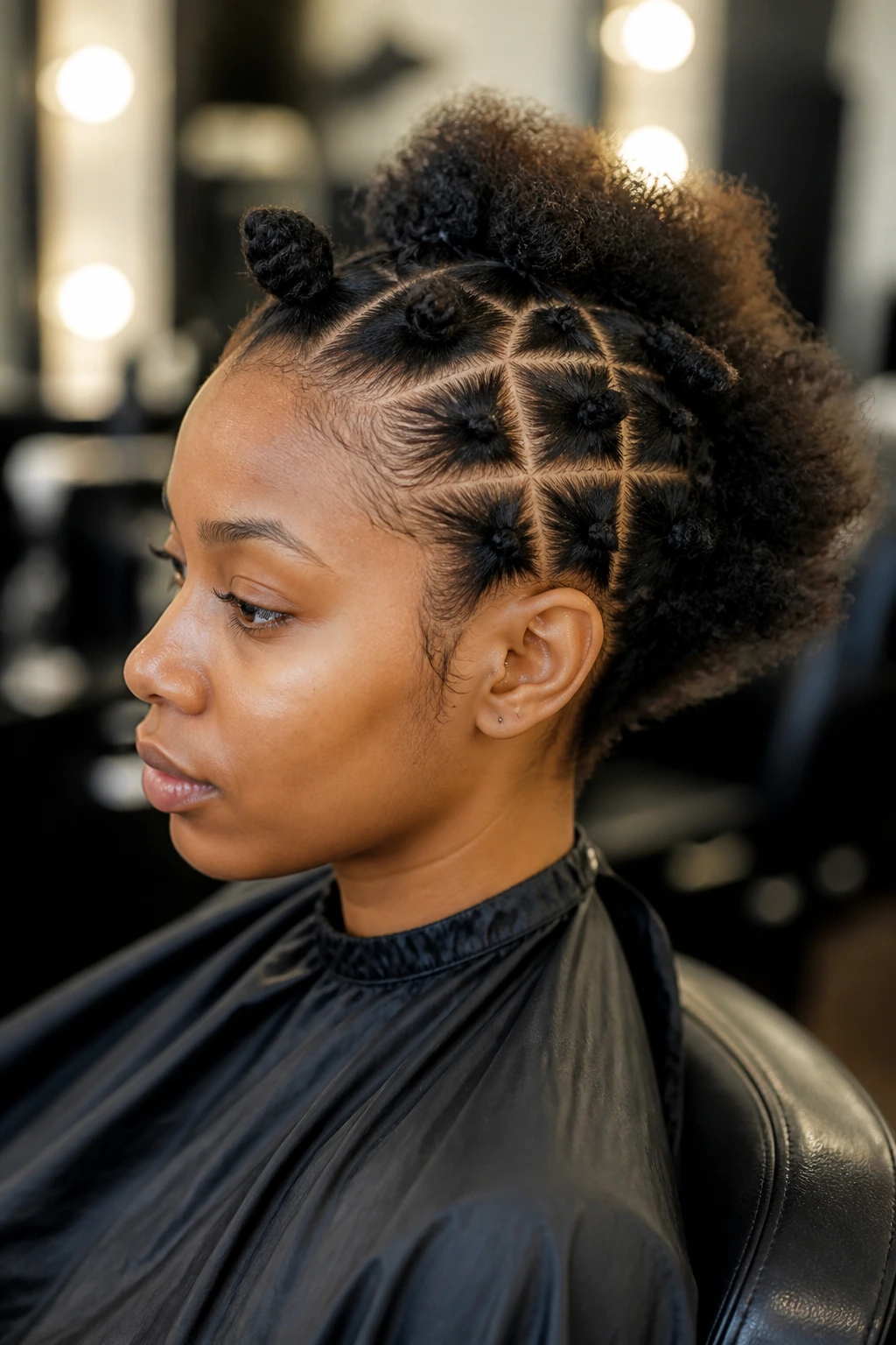 Close-up of a real woman in a salon chair with pre-sectioned hair ready for twist installation
