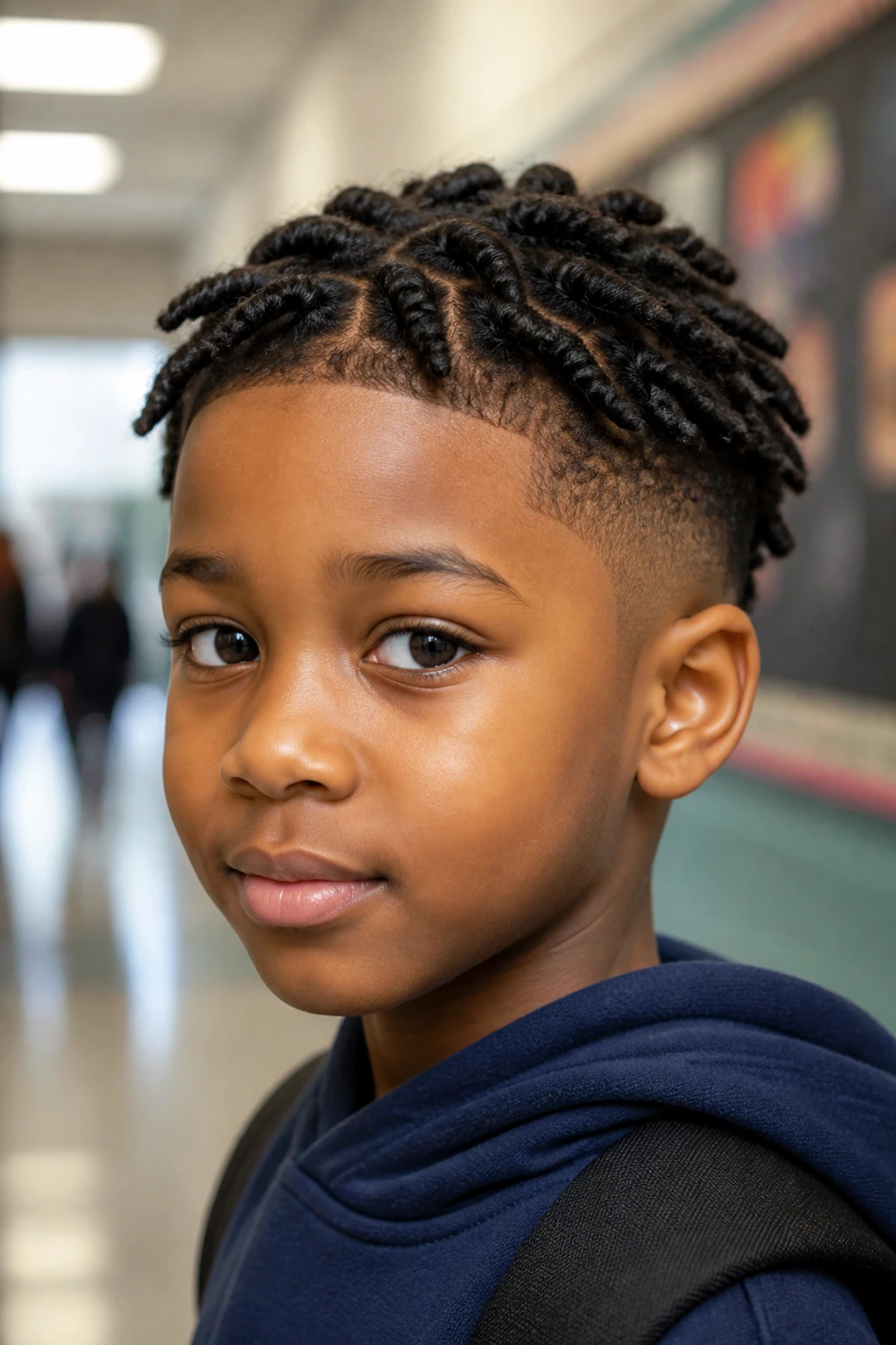 Close-up of child with short two-strand twists and tapered sides