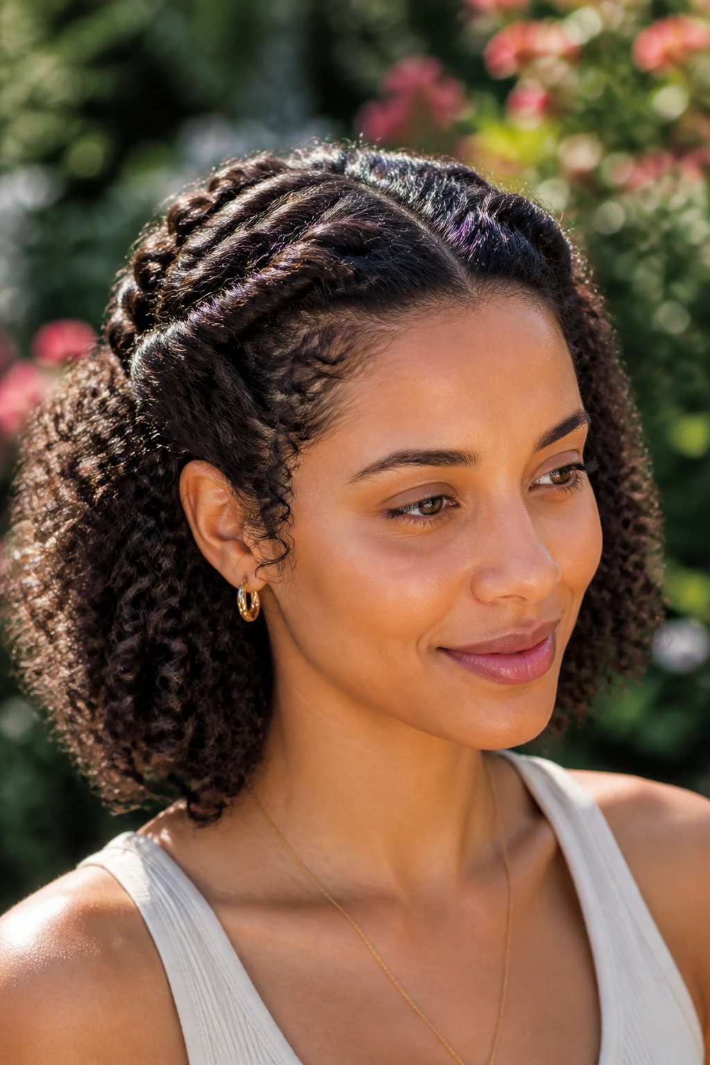 Portrait of a real woman with two front twists pinned under the crown.
