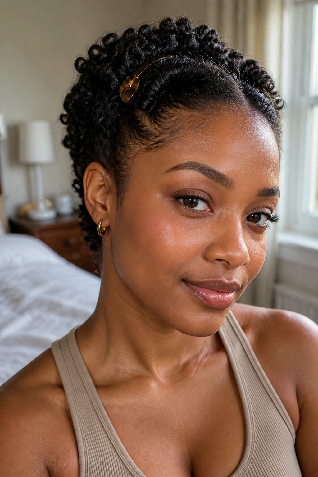 Twist-and-clip crown hairstyle on a real woman