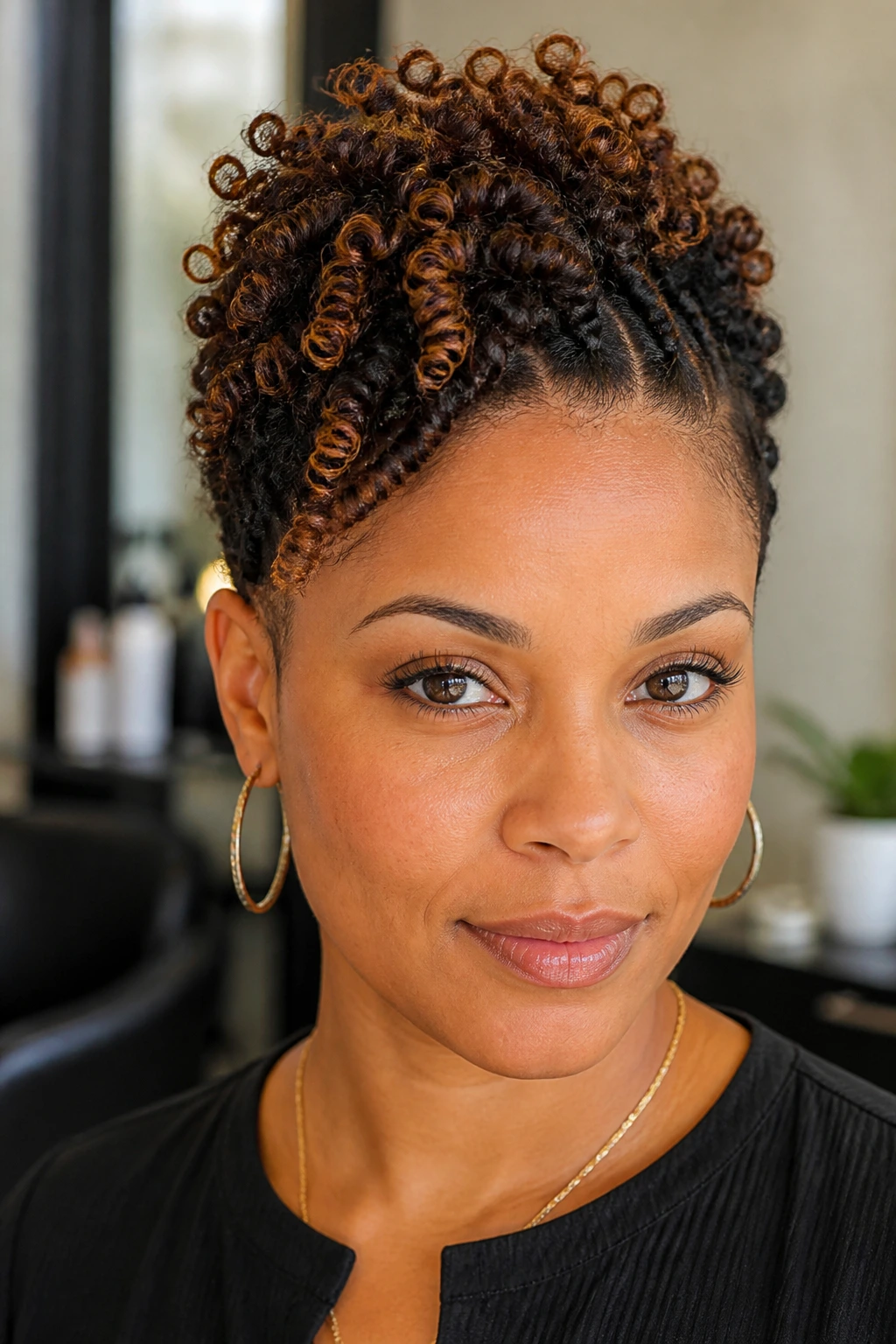 Close-up of a real woman's twist-and-curl crop with lifted crown and curled ends