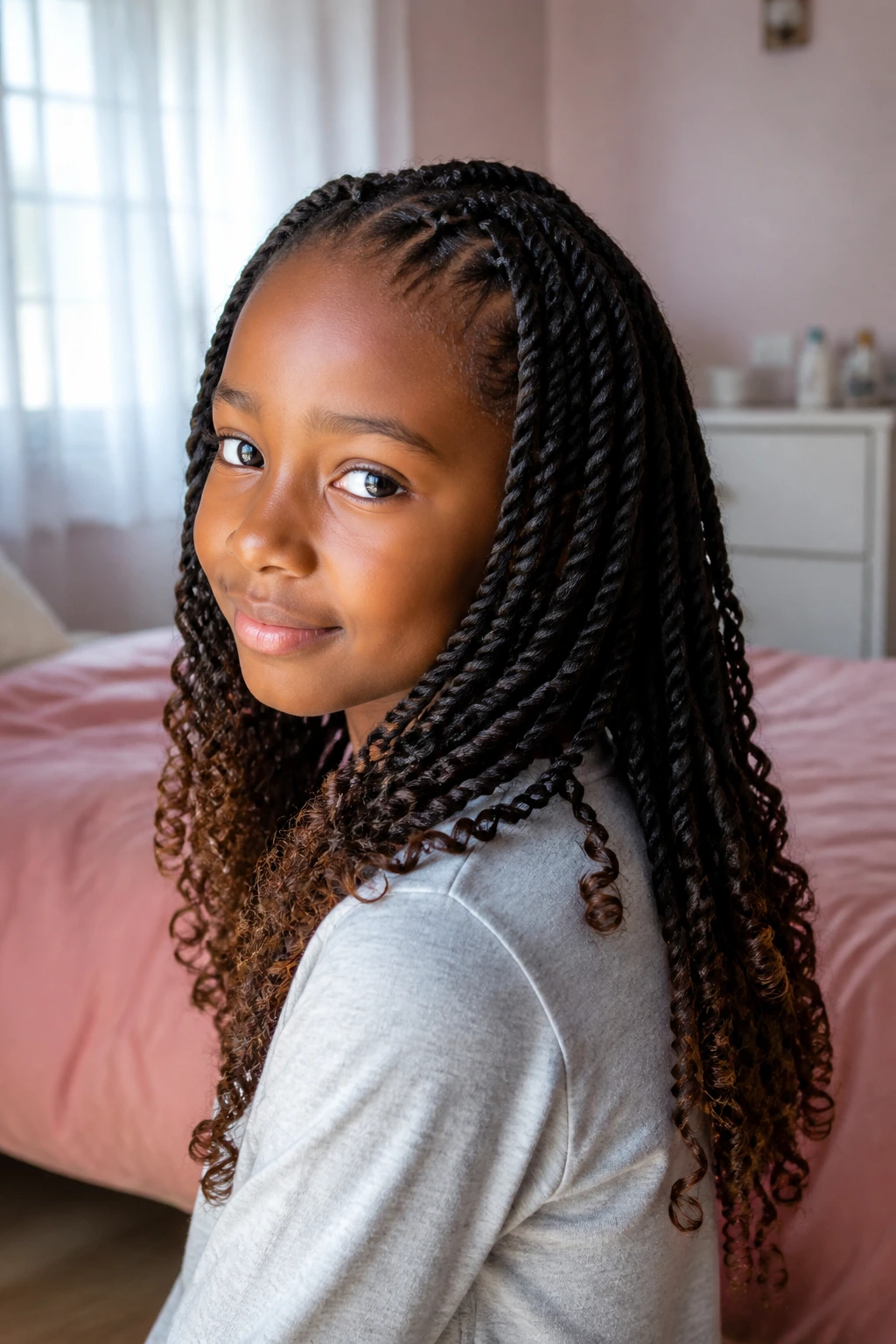 Close-up of a real child with twist-and-curl ends in a softly lit bedroom