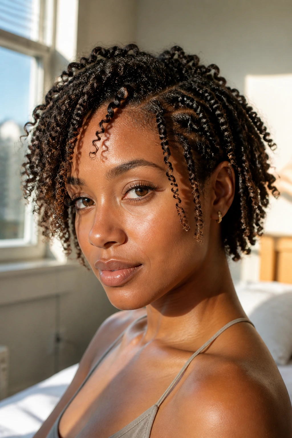 Close-up of a real woman's short curls showing twists and coils for varied texture.