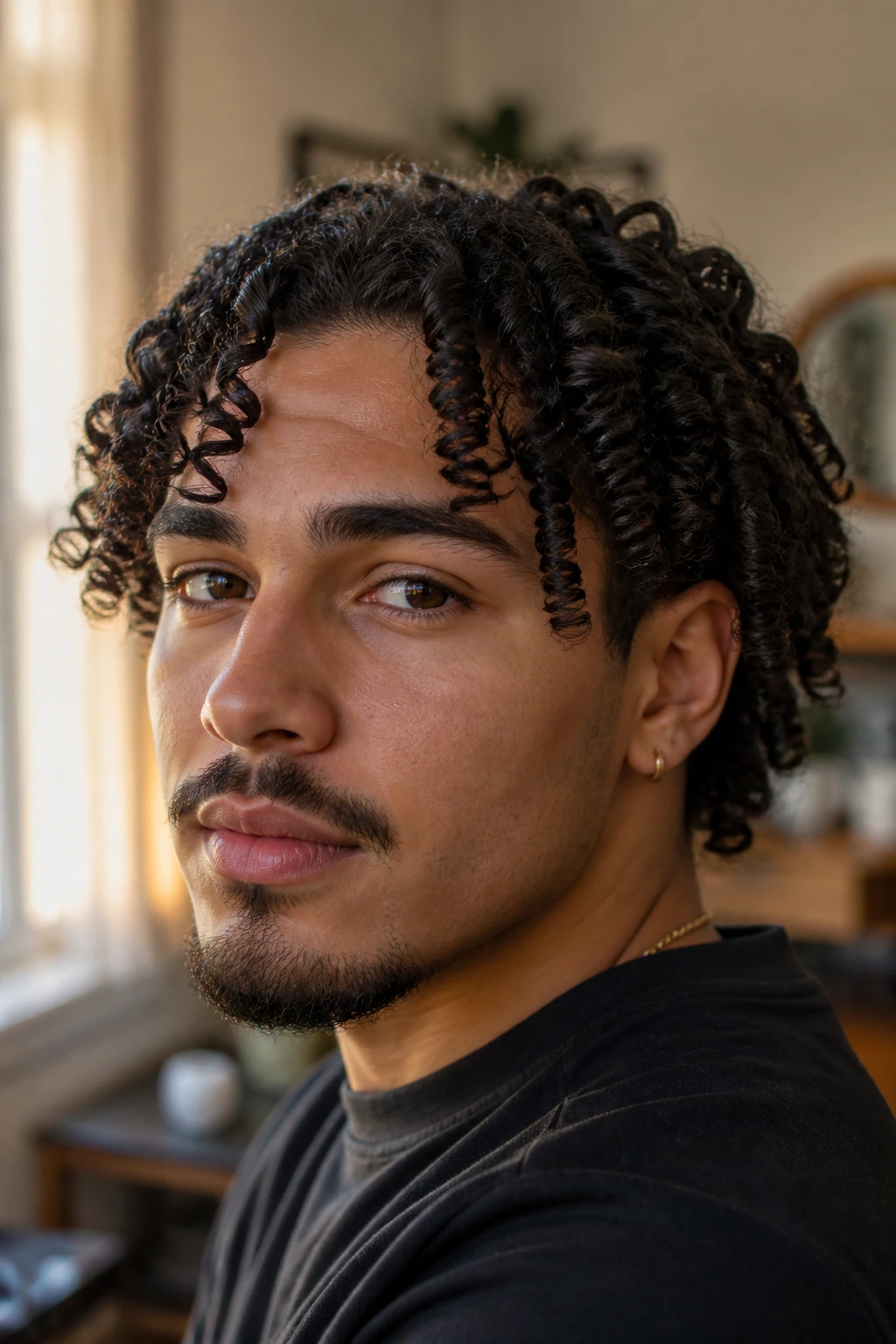 Close-up portrait of a man with twist-defined medium curls in warm window light