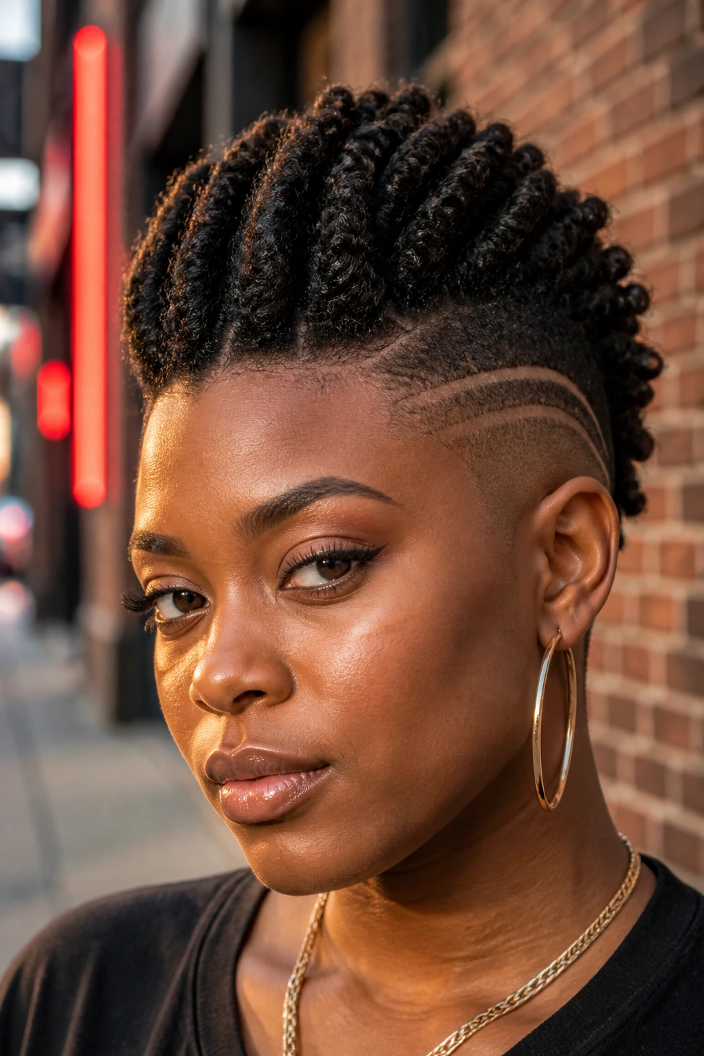 Close-up of two-strand twist frohawk with double fade on a real woman