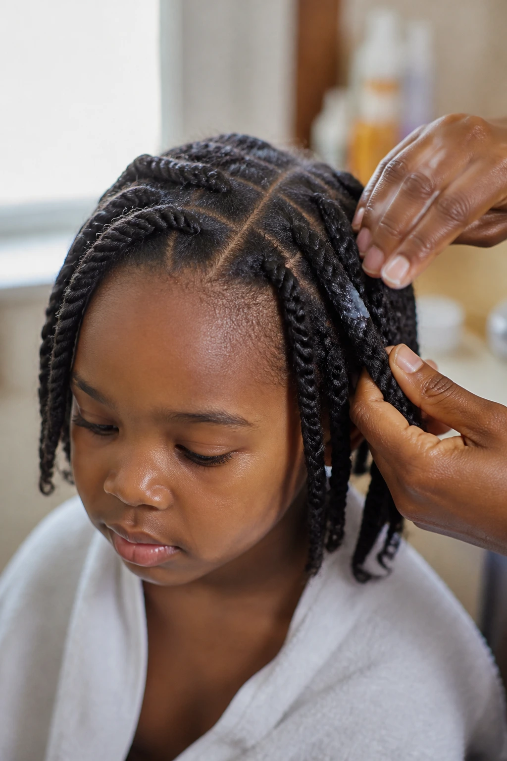 Close-up of a child’s twists while product is applied in a softly lit bathroom