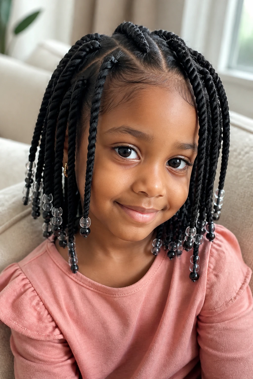 Close-up of a child with twist hairstyle under natural window light, twist hairstyles for kids
