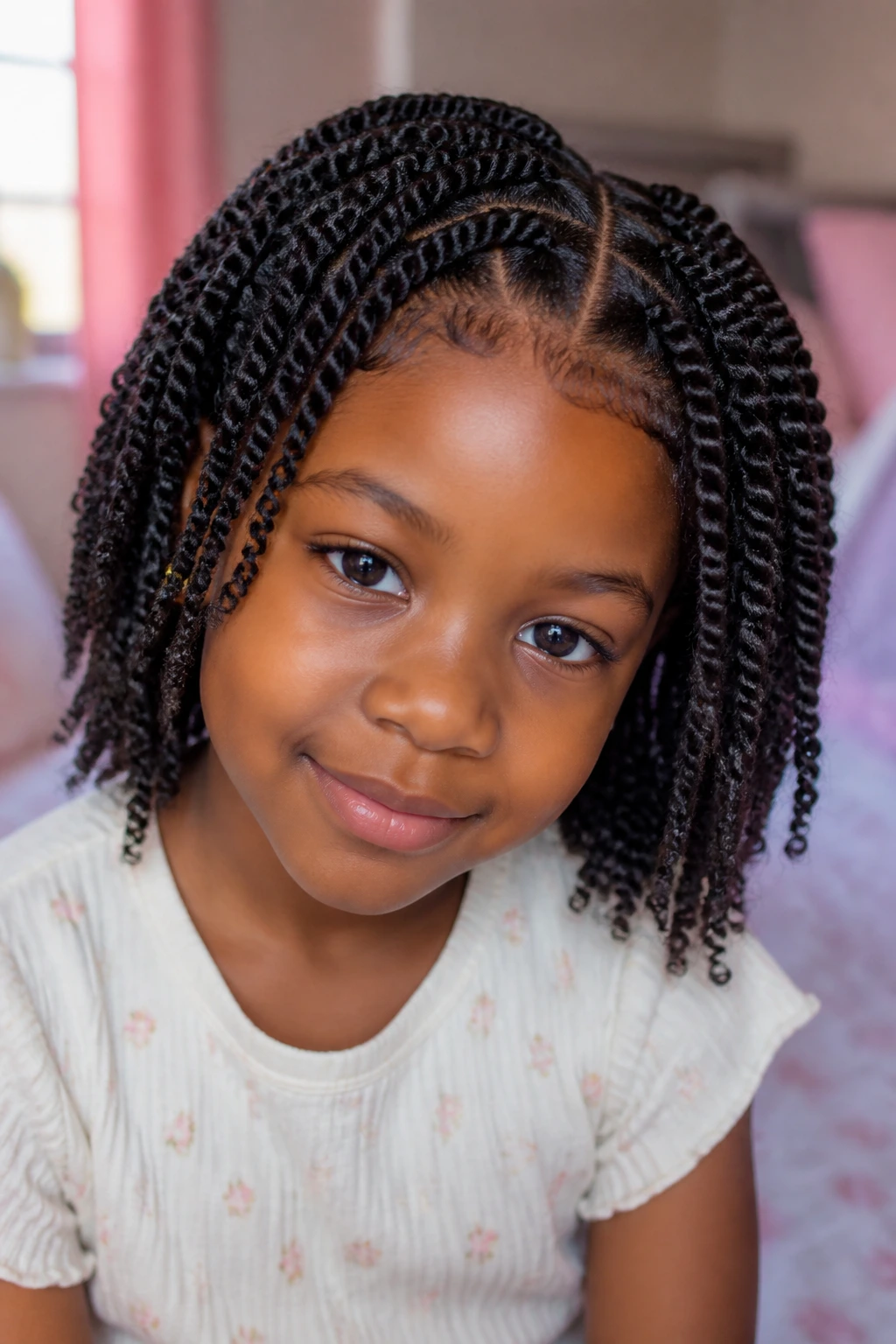 Close-up of a real child with neat twist hairstyle in a cozy bedroom.