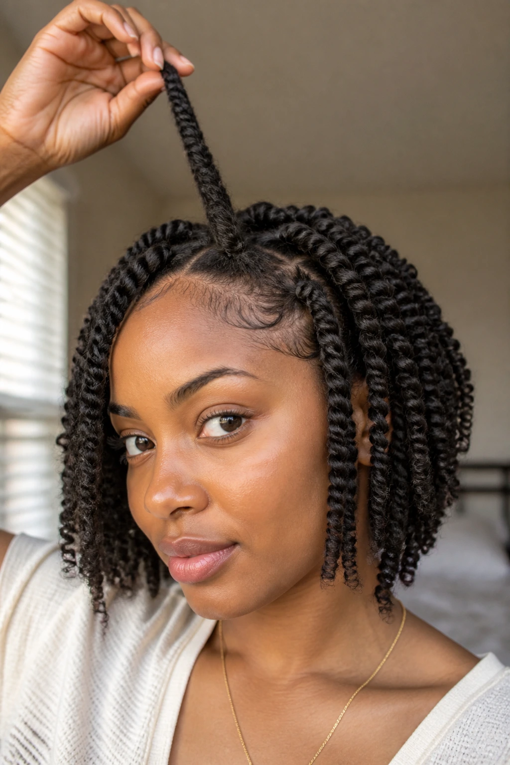 Portrait of a woman with spring twists during a morning routine, with a twist at the crown.