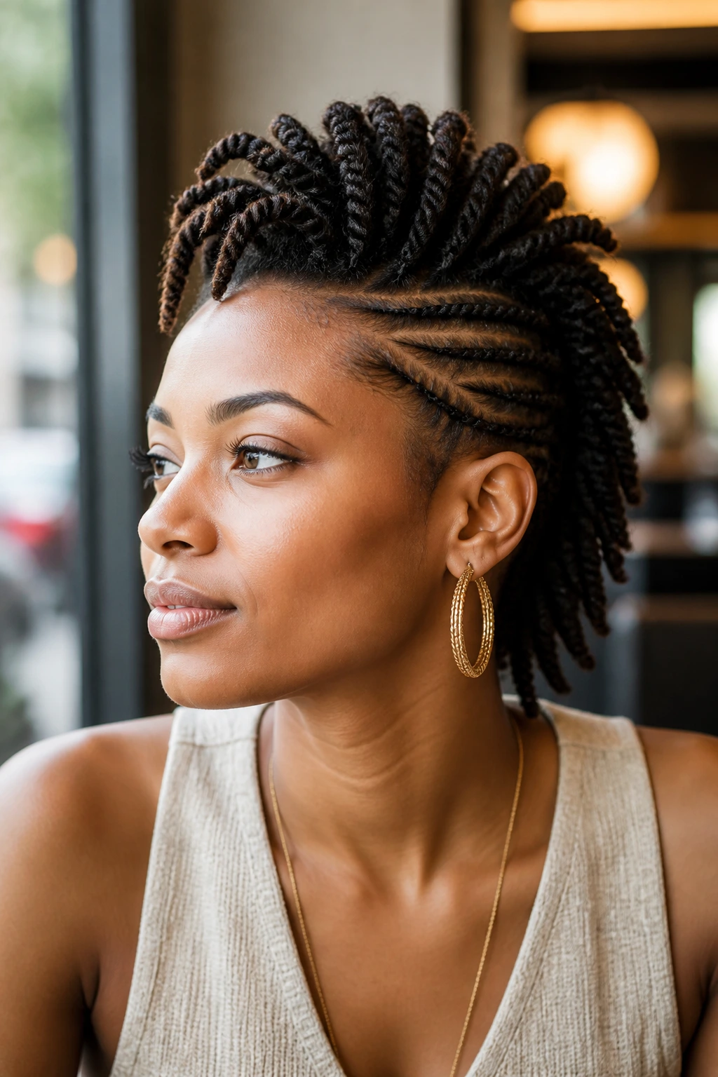 Close-up of a real woman with twists forming a mohawk silhouette
