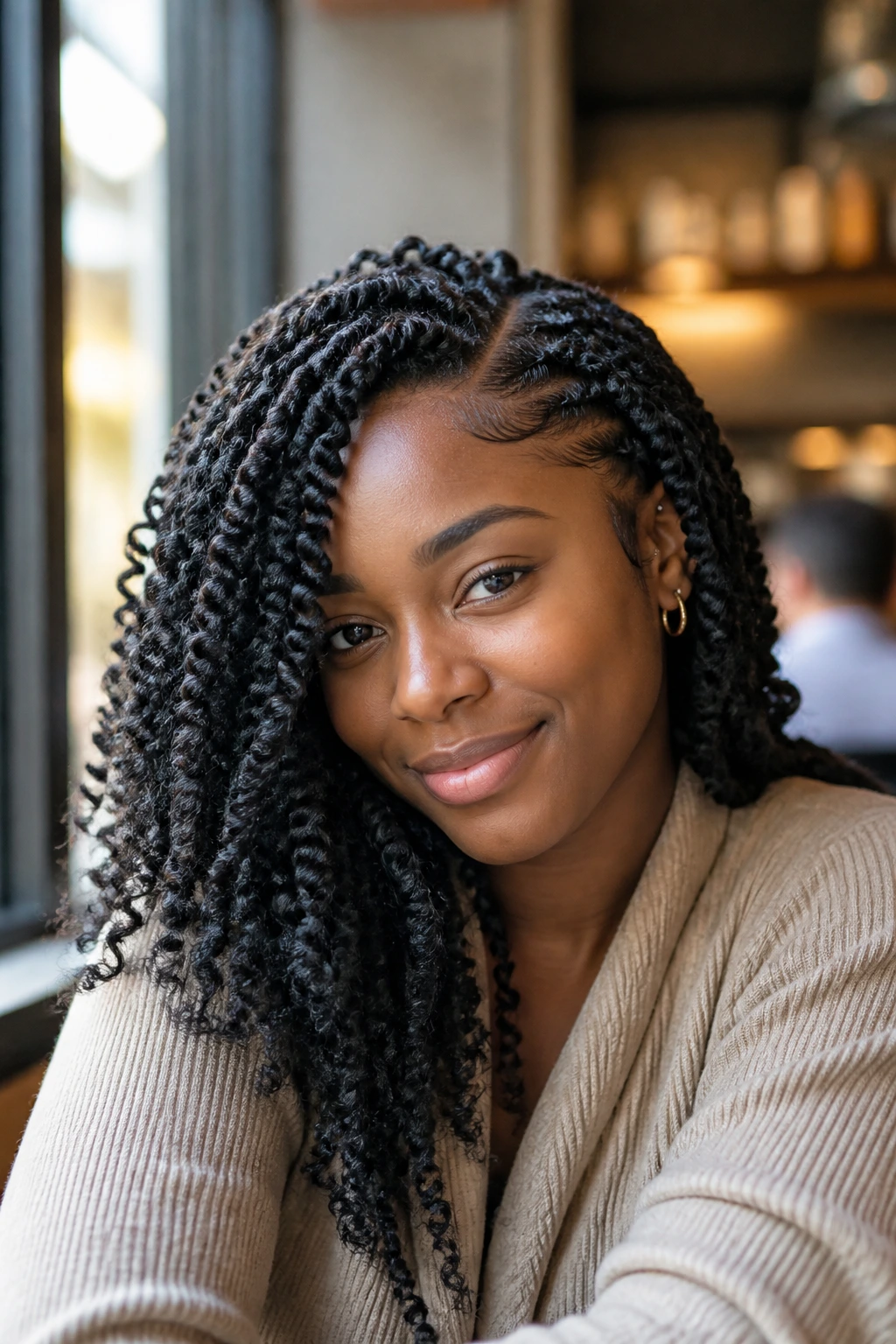 Portrait of a person with a side-parted spring twists mood look in a cozy setting.