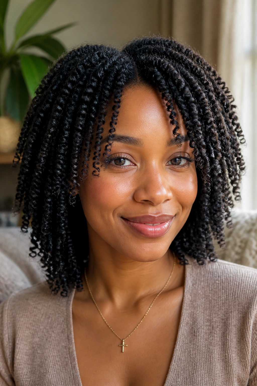 Close-up of a real woman with a defined twist-out on shoulder-length 3b curls