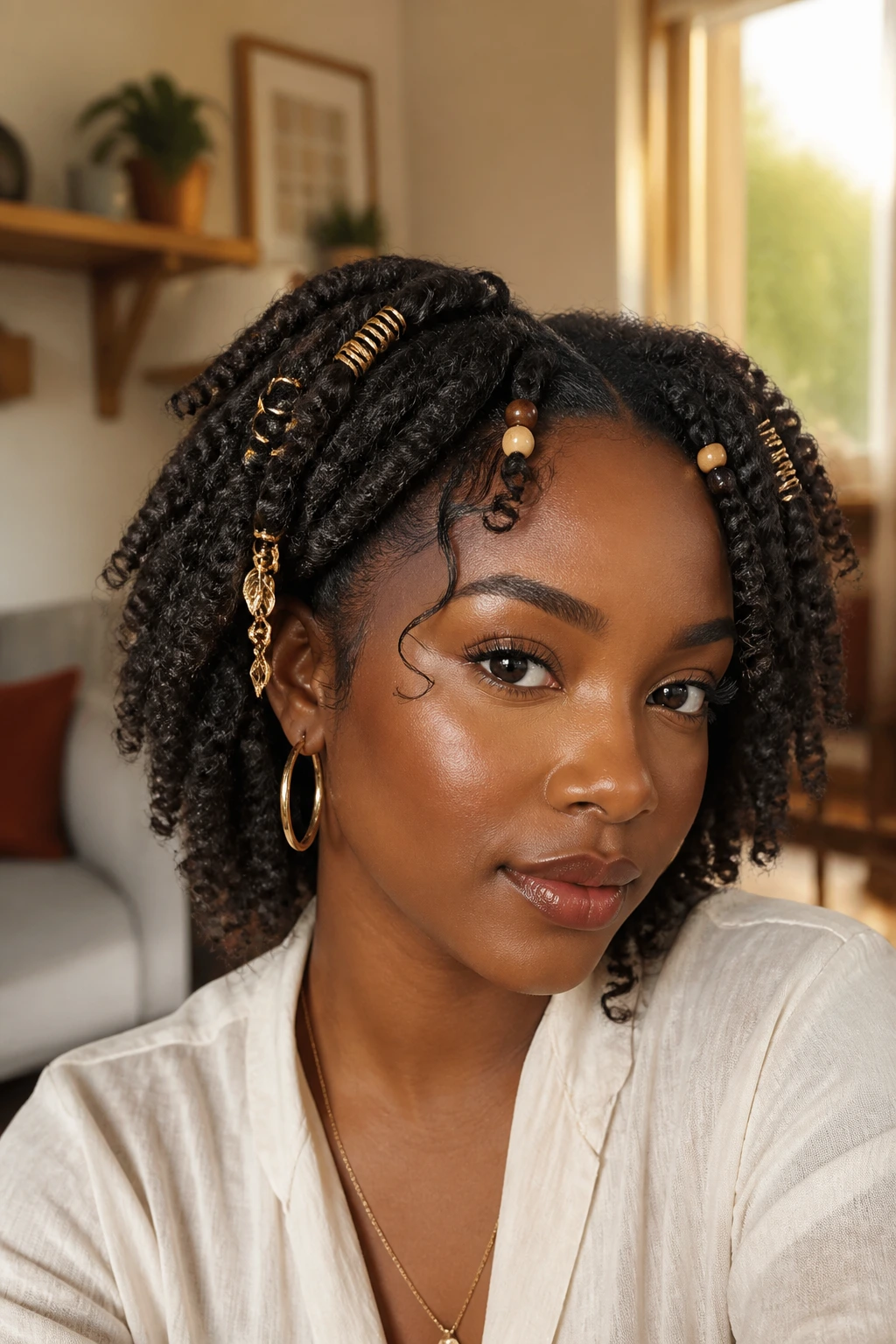 Real woman with twist-out hairstyle featuring decorative clips