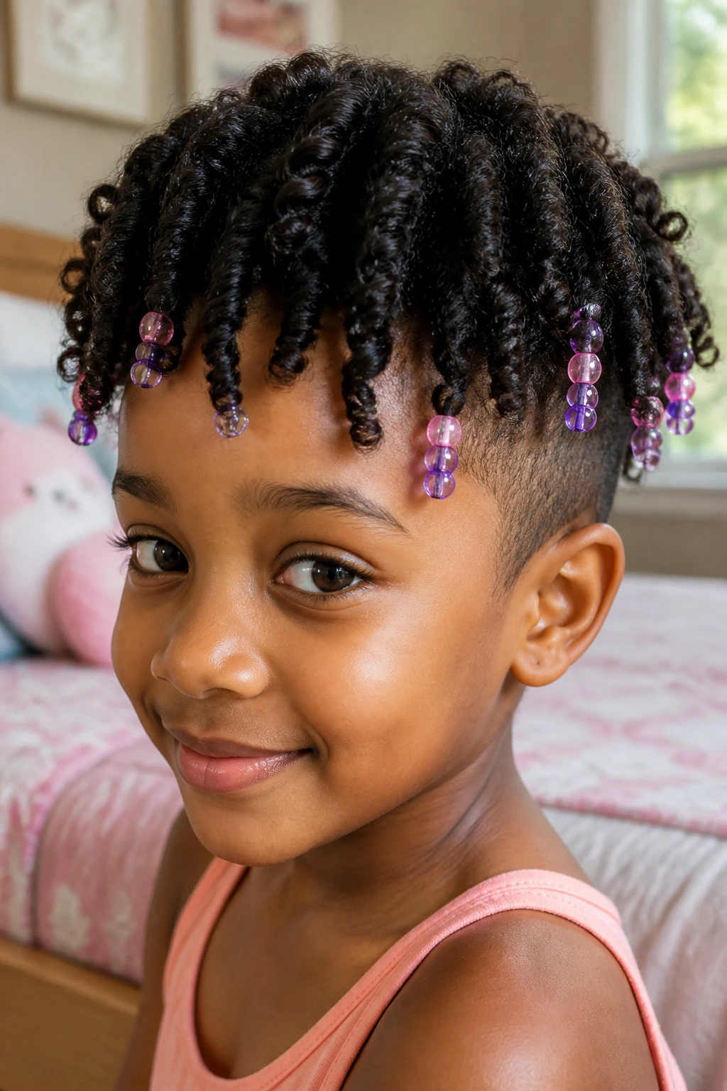 Close-up of a young girl's tapered twist-out with beads at the ends