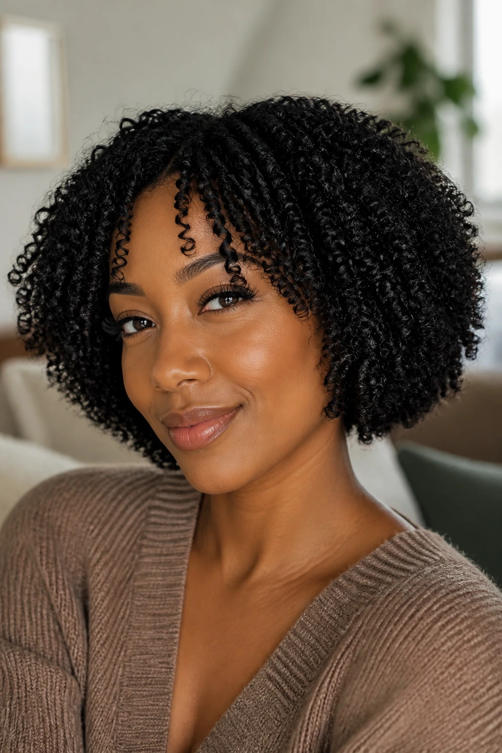 Close-up of a real woman with twist-out bob in a cozy living room