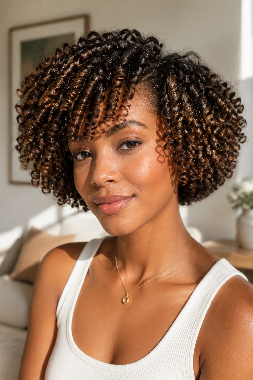 Close-up portrait of a real person with twist-out bob curls