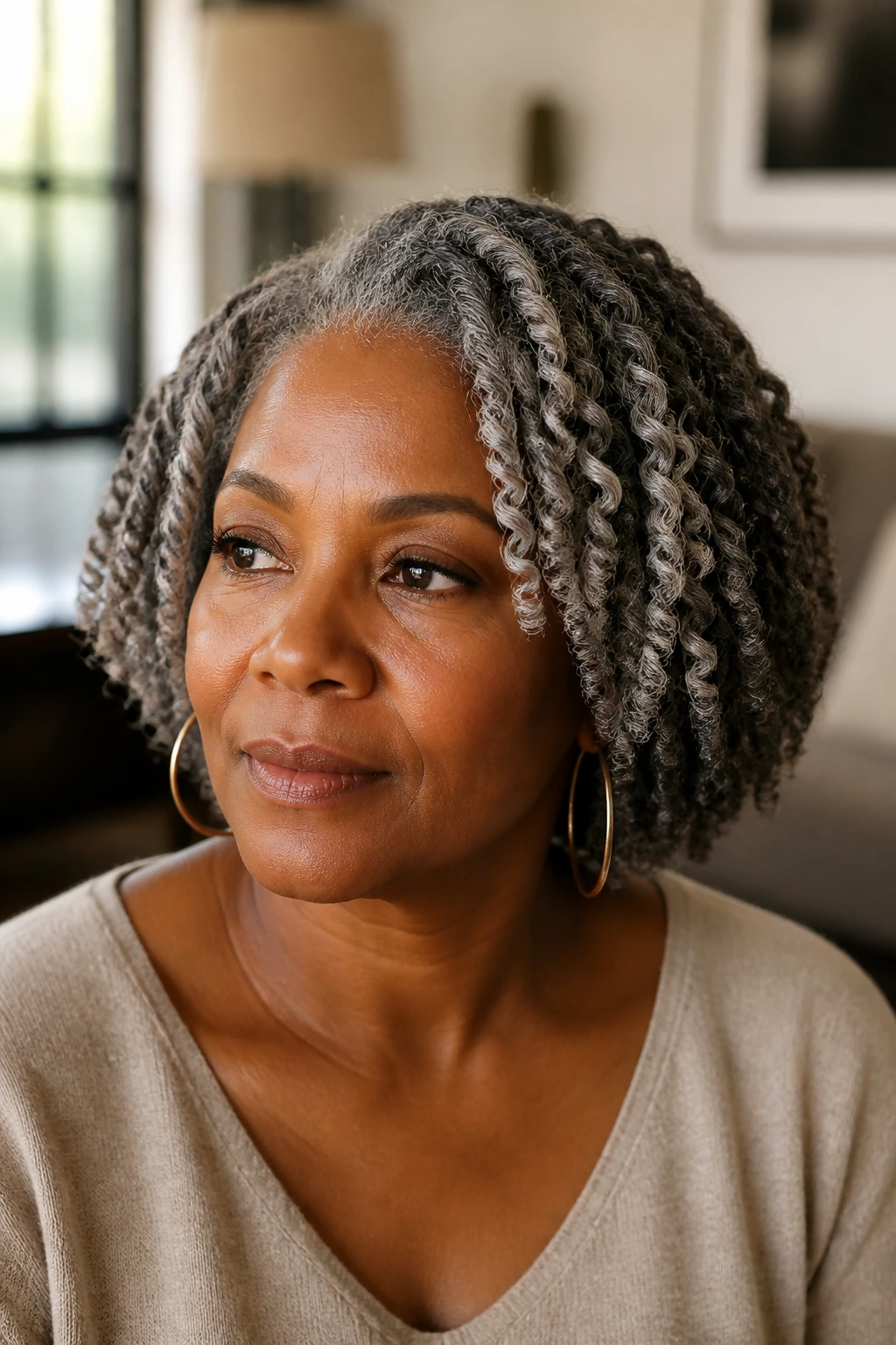 Close-up of an older woman with twist-out bob on gray hair in warm window light