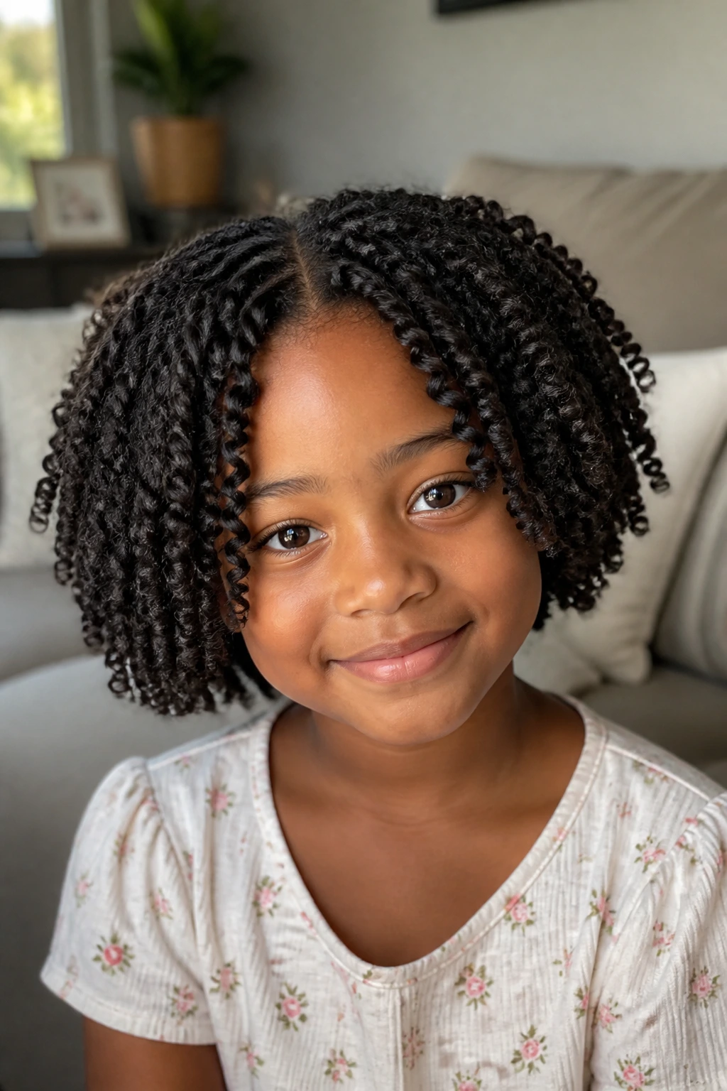 Close-up of a young girl with a twist-out bob showing defined curls.