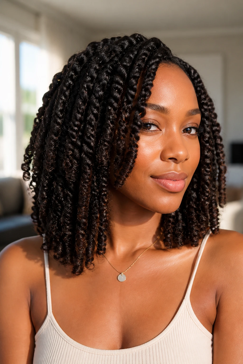 Close-up of a real woman with shoulder-length twist-out reaching the collarbone