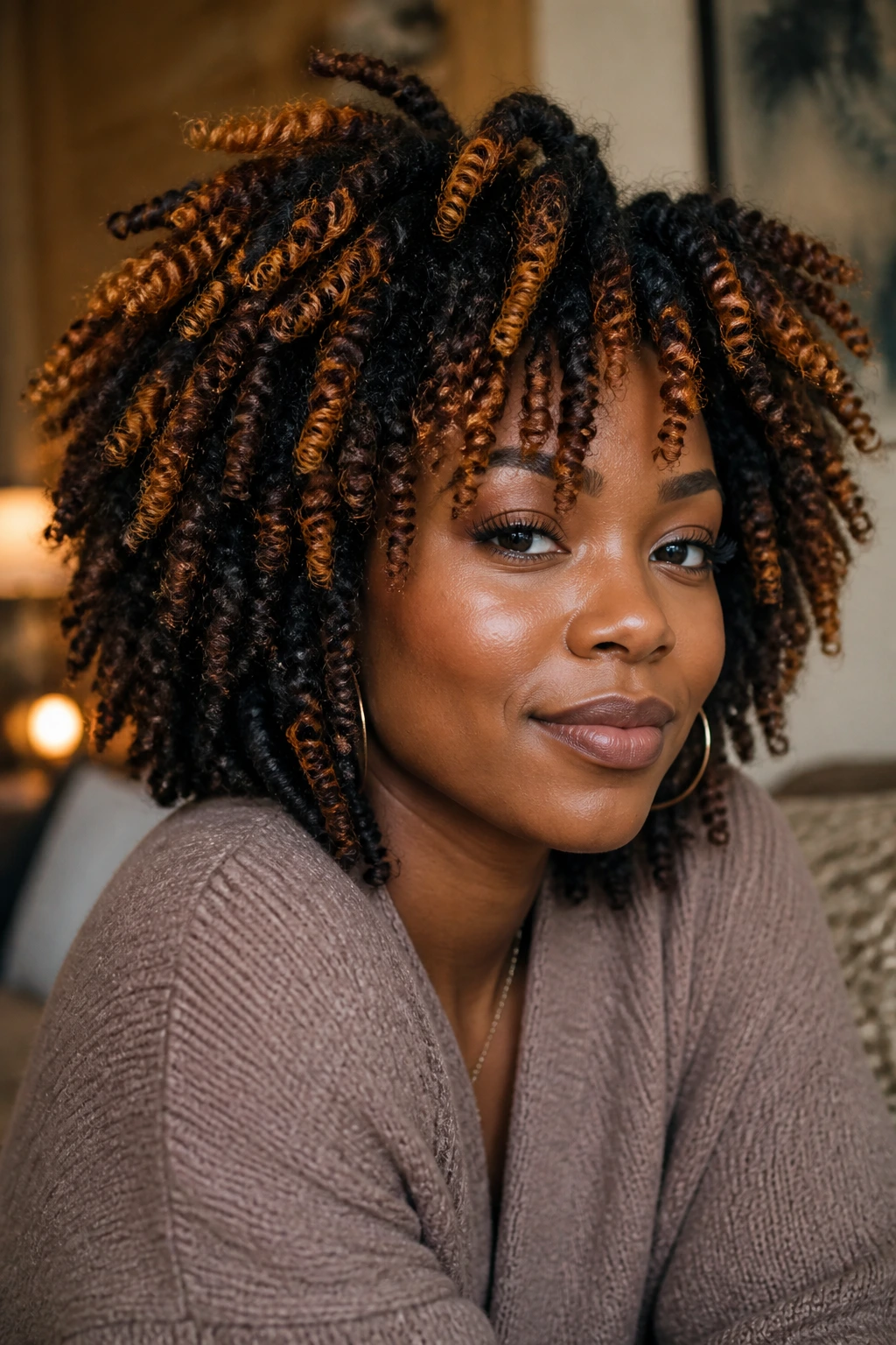 Close-up portrait of a real person with twist-out hairstyle and color highlights