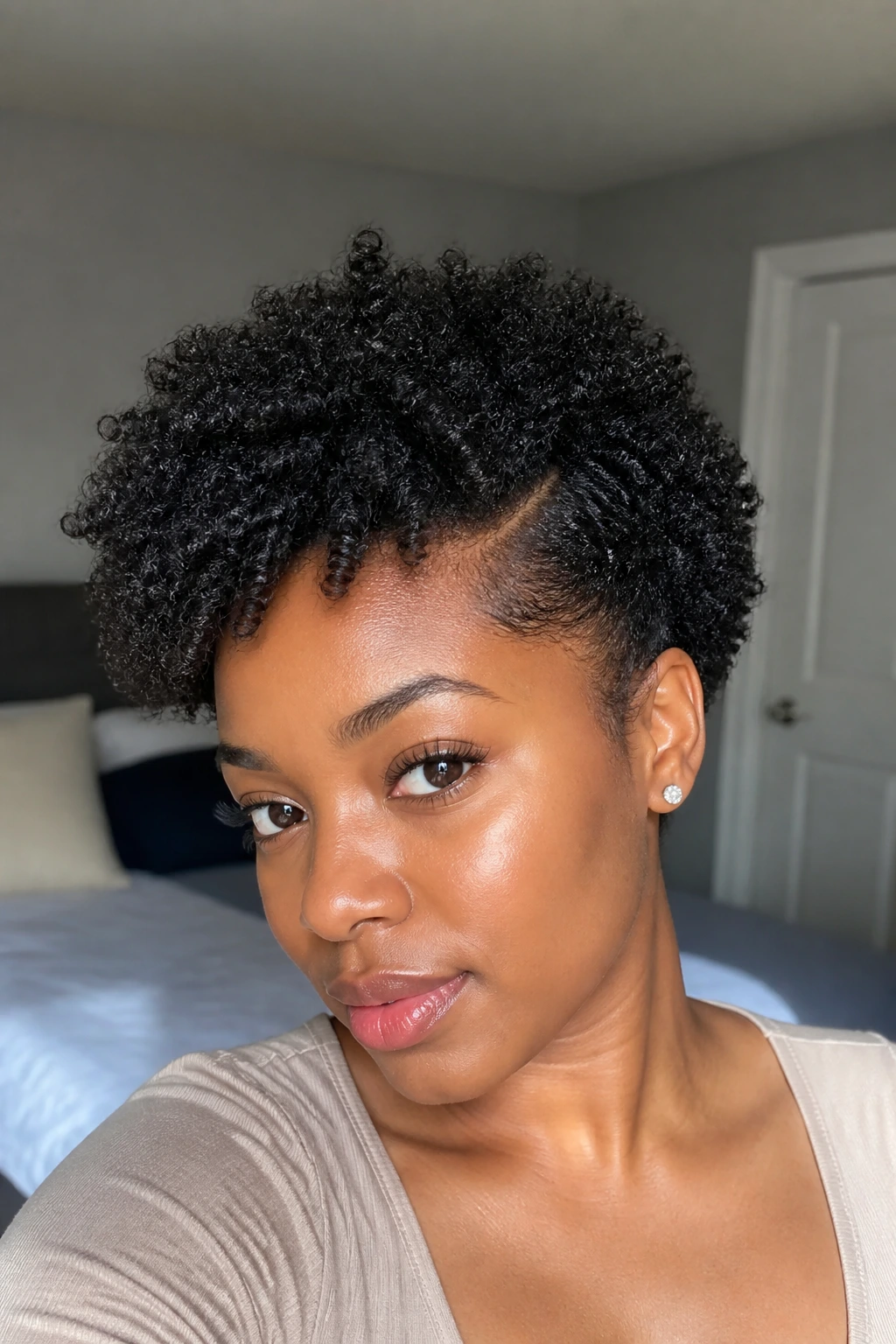 Portrait of a person with a mini twist-out crop showing slight stretch.