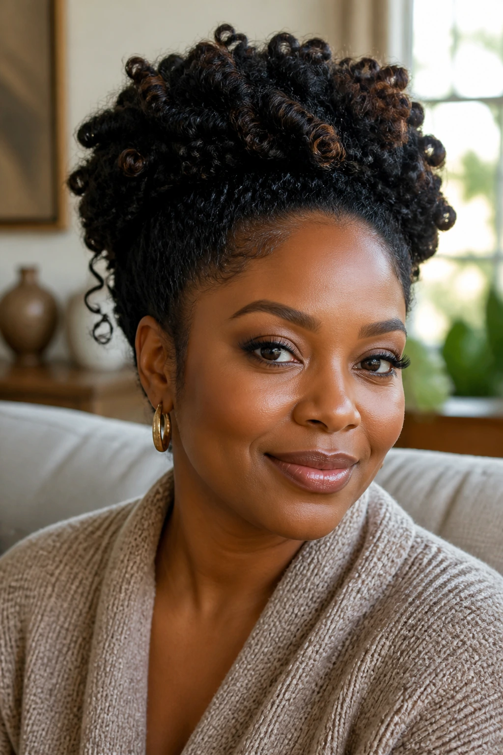 Close-up of a real woman with a twist-out crown hairstyle forming a soft halo.