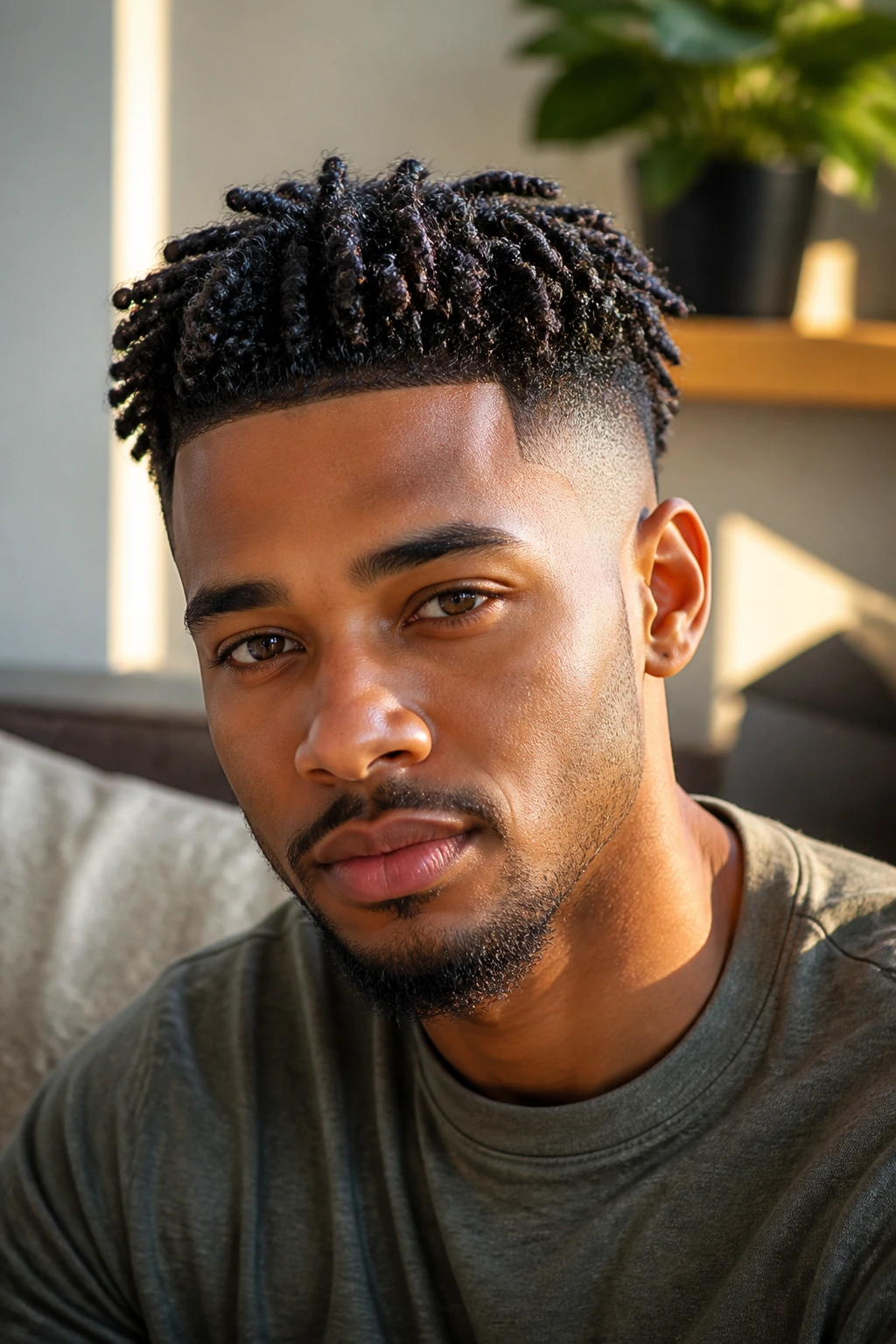 Close-up portrait of a man with twist-out texture on top and a clean fade on the sides.