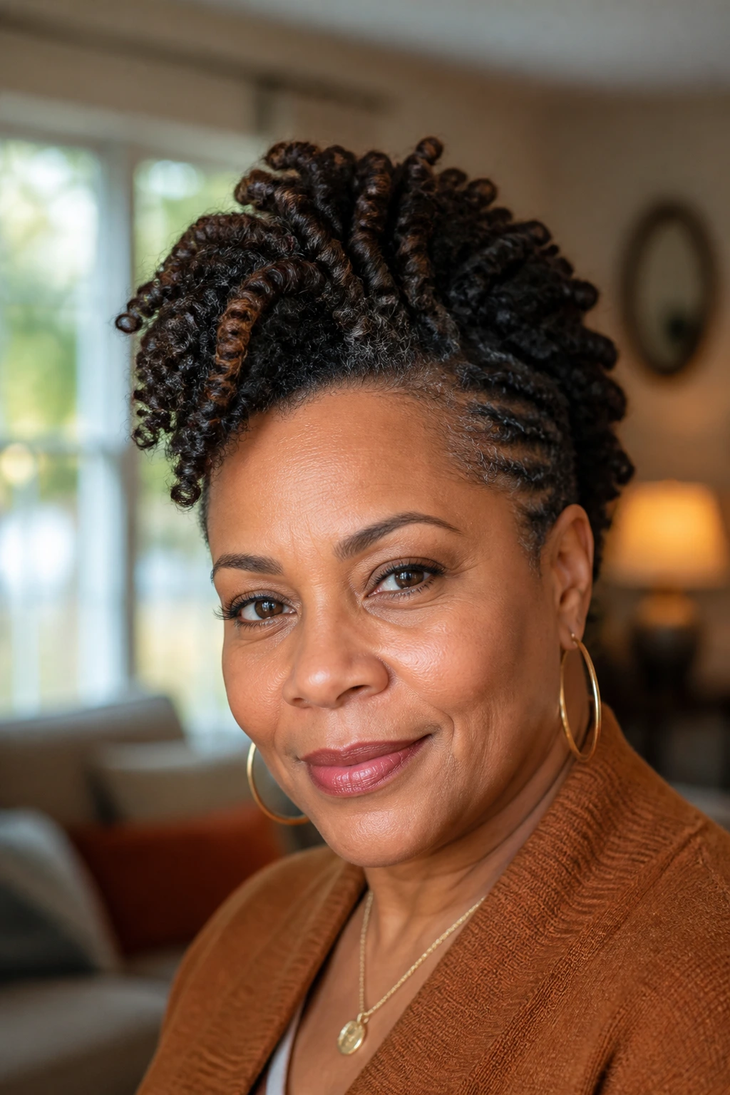 Close-up portrait of a real woman with twist-out faux hawk featuring a defined center and softened sides, warm natural light.