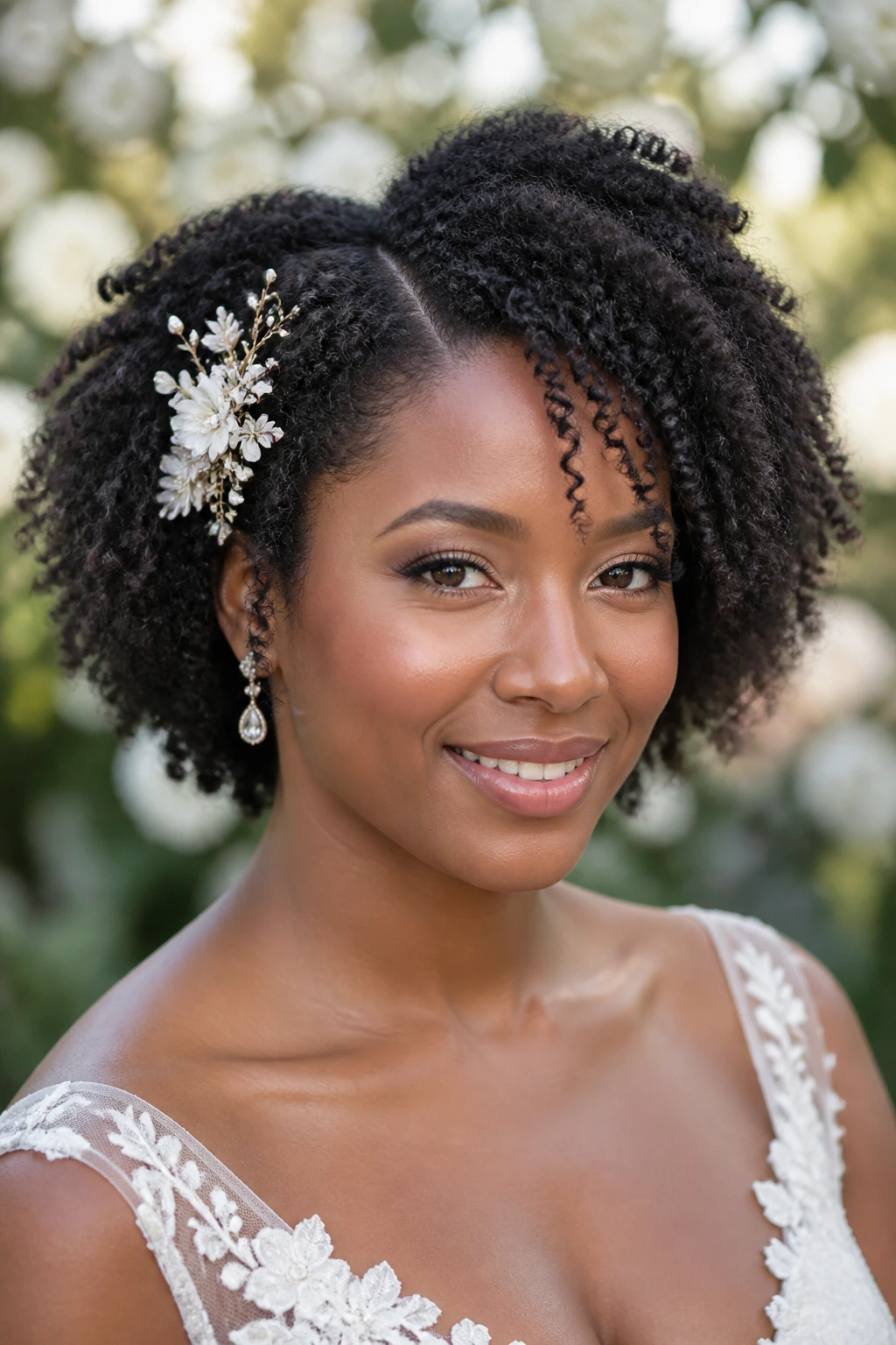 Close-up of a real bride with a twist-out and floral comb in a garden