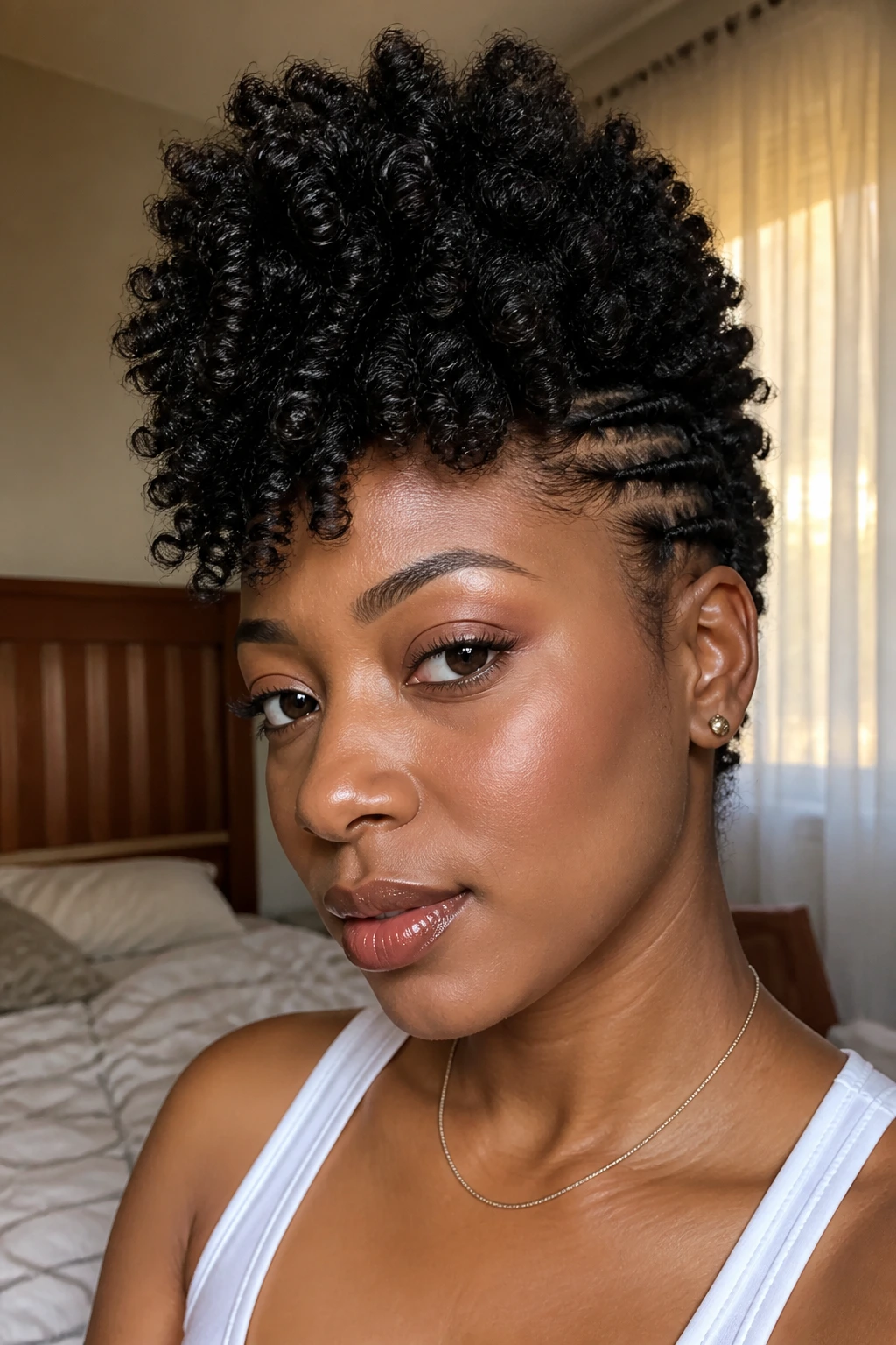 Close-up of a real woman with Twist-Out Frohawk showing soft ridges and plush center