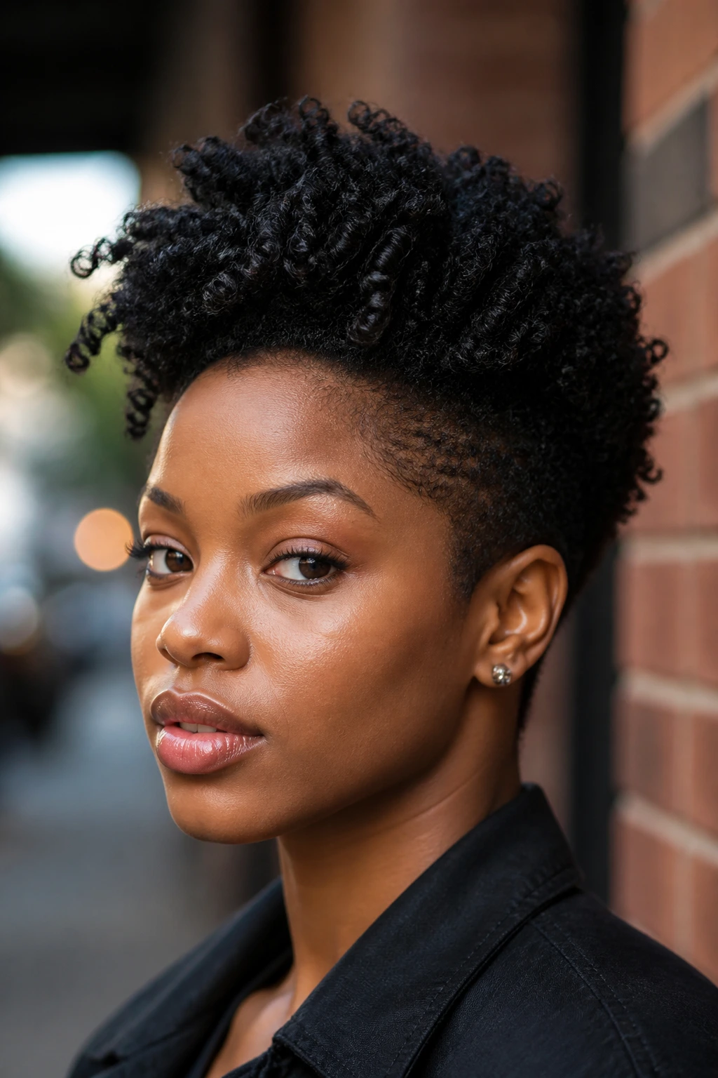 Close-up of real person with a twist-out frohawk on short hair