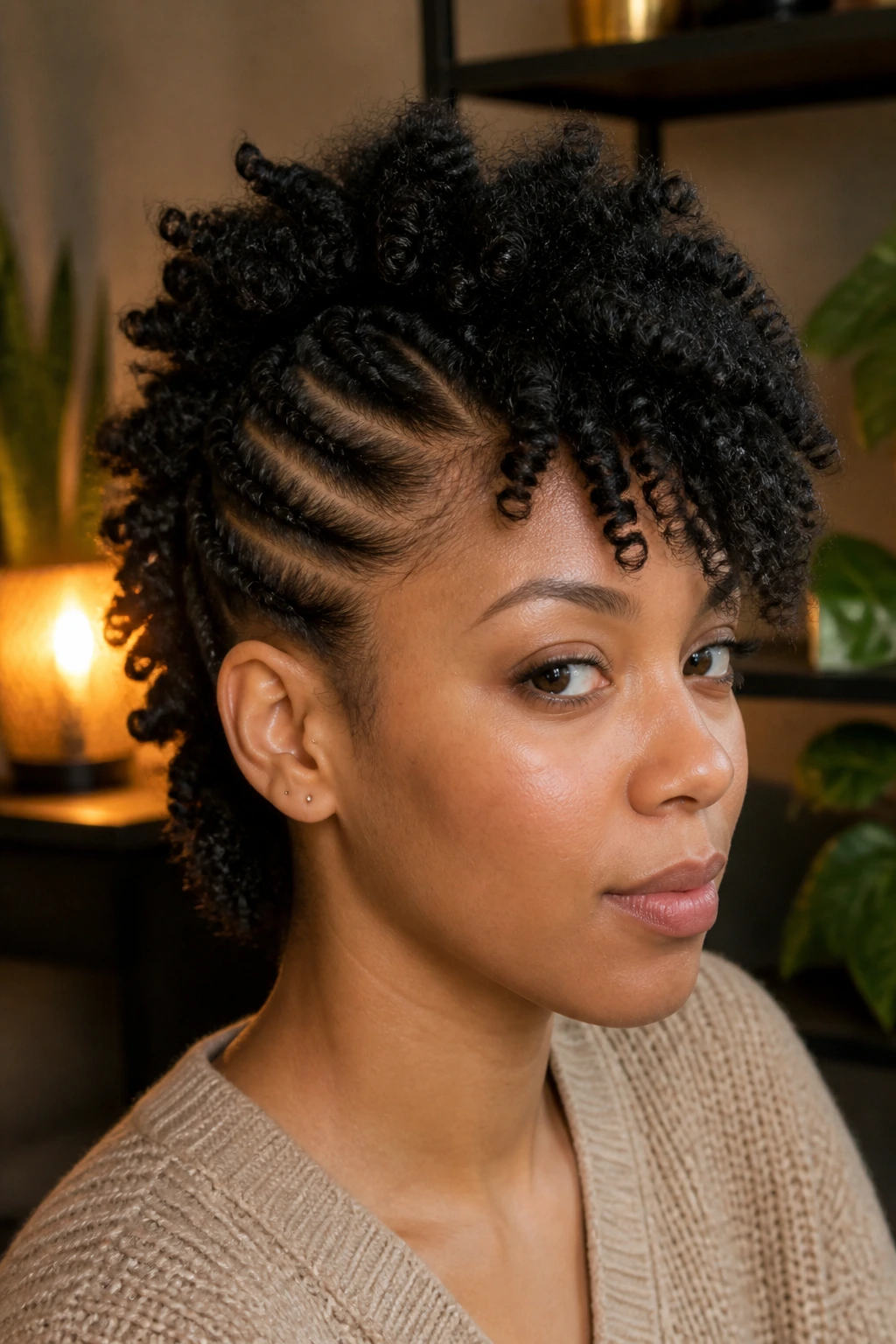 Real person with twist-out frohawk showing defined twists and open curls