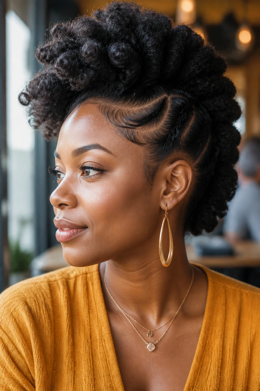 Close-up of a woman with twist-out frohawk and pinned sides.