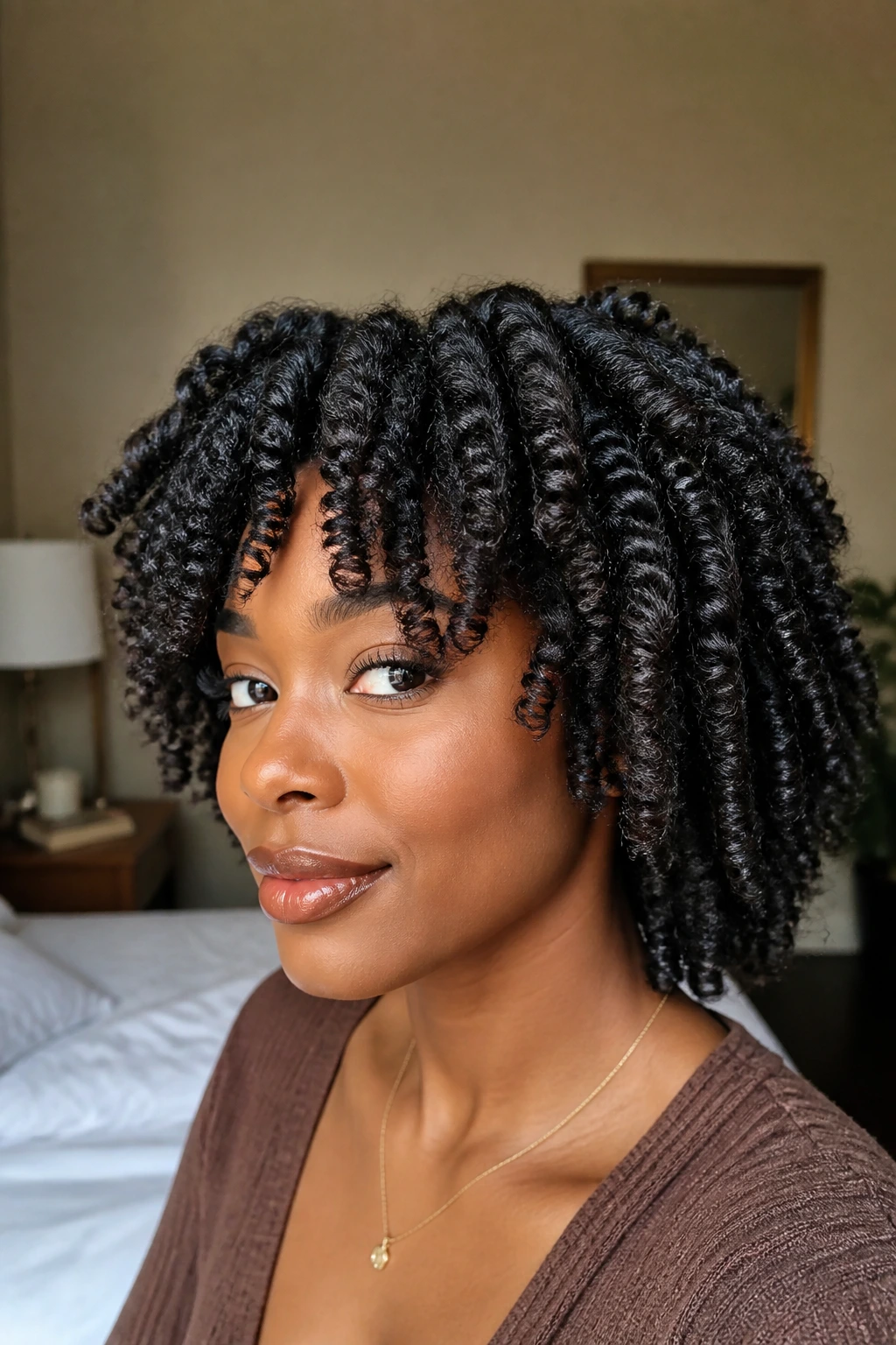 Close-up portrait of a real woman with a defined twist-out created by gel cast.