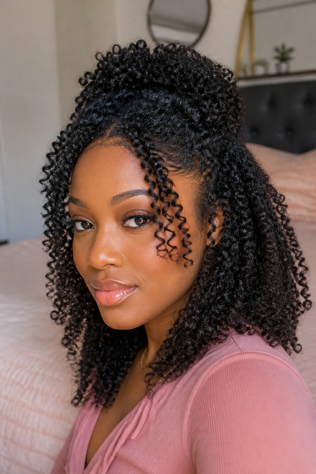Close-up of a real woman with twist-out half-up hairstyle showing crown lift and defined coils
