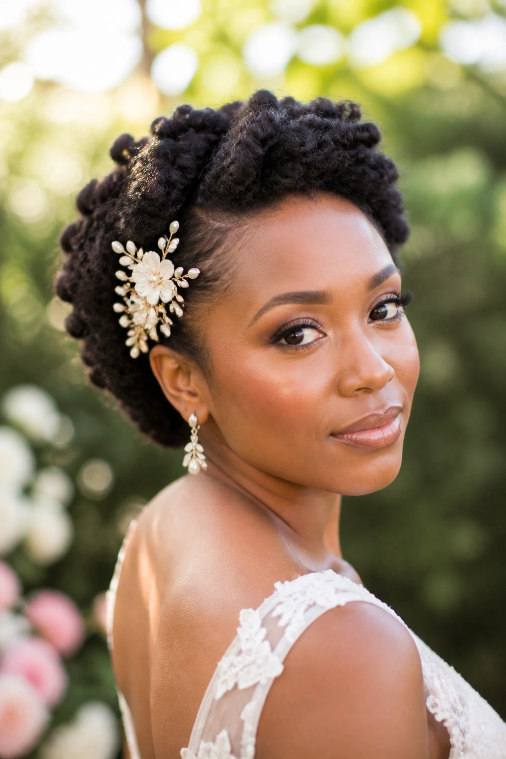 Close-up of real bride with twist-out halo and floral comb
