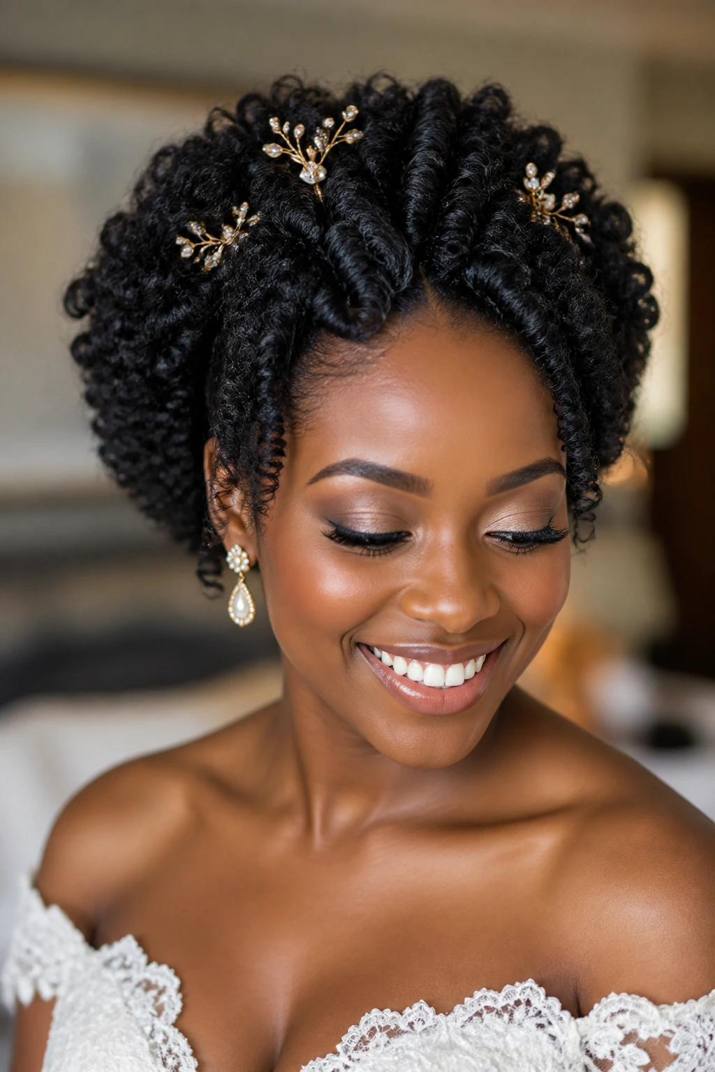 Bride with twist-out halo and gold pins