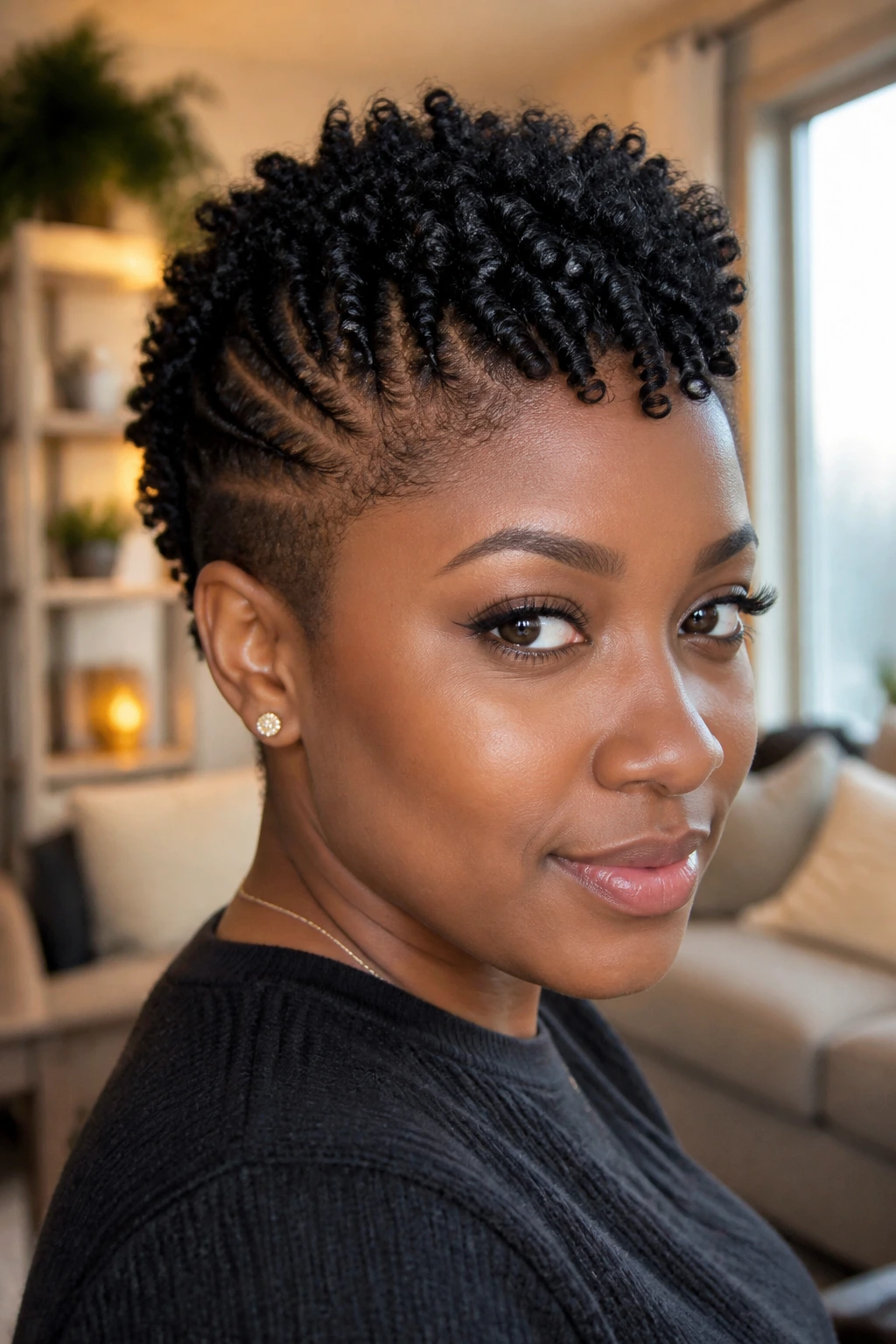 Close-up of a real person with a short twist-out hawk and defined twists.