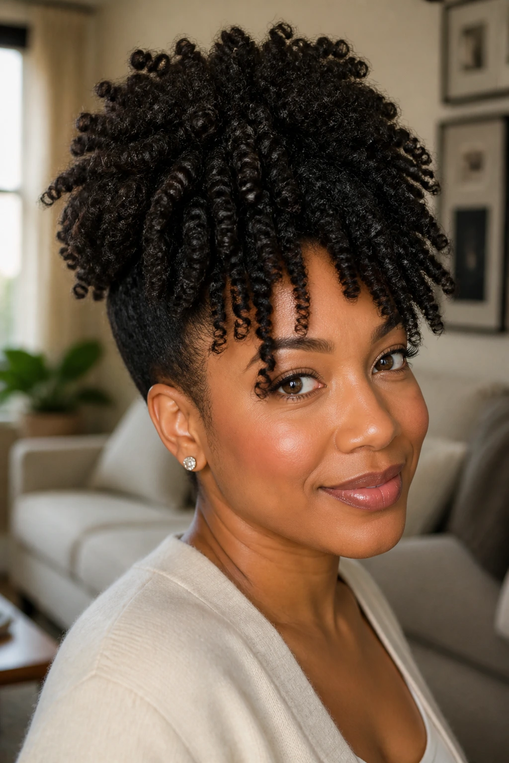 Close-up of a woman with height-built twist-out in a living room