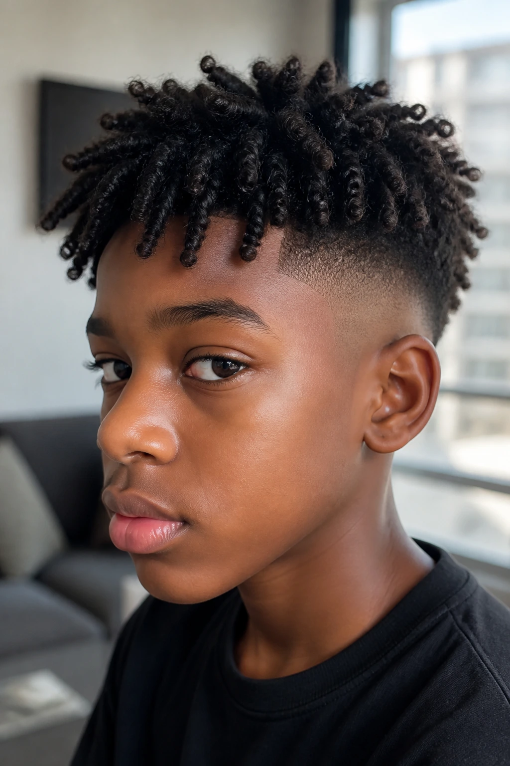 Close-up of a real boy with Twist-Out and Mid Fade showing defined twists