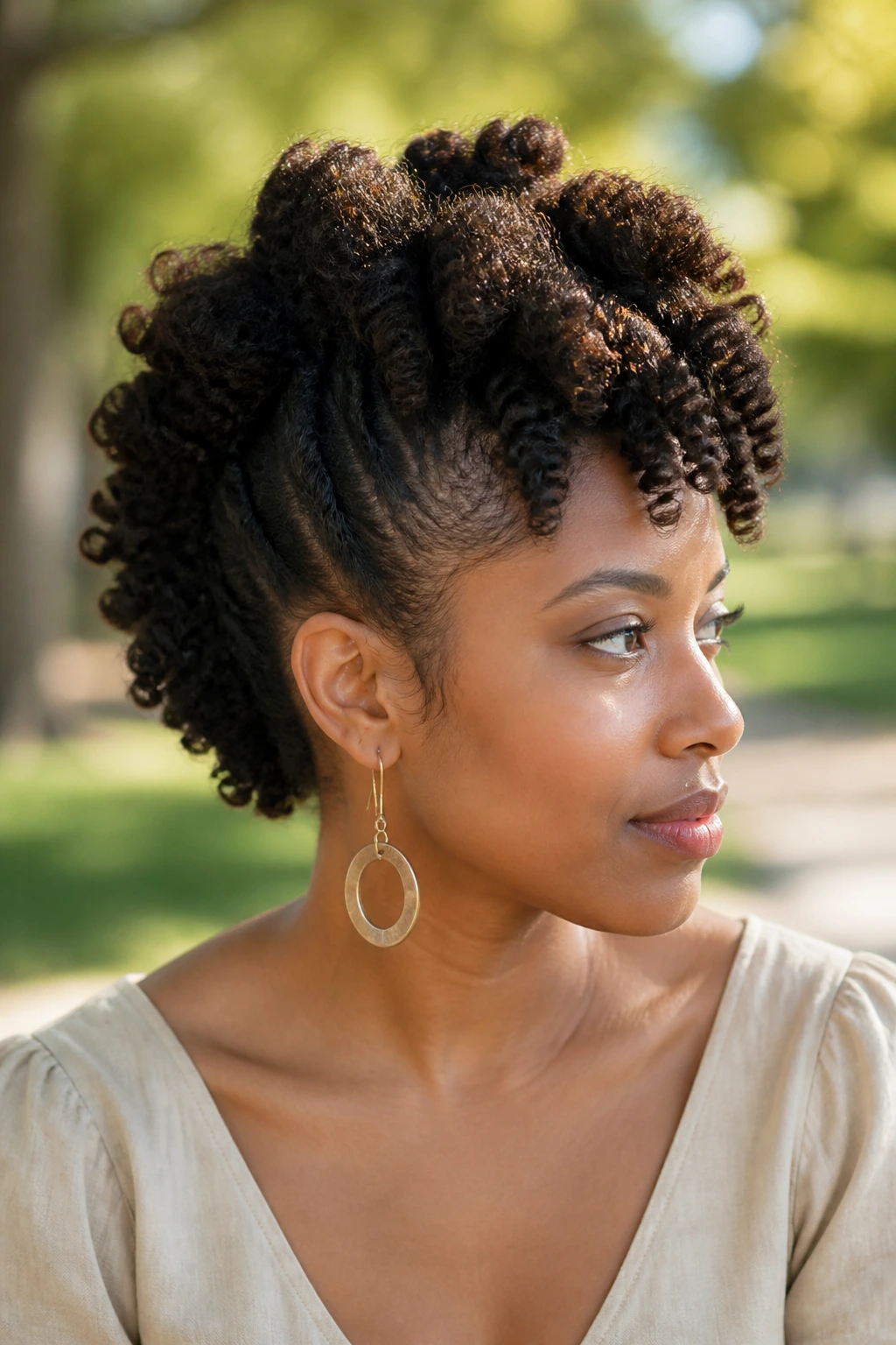 Close-up portrait of a real woman with a twist-out mohawk