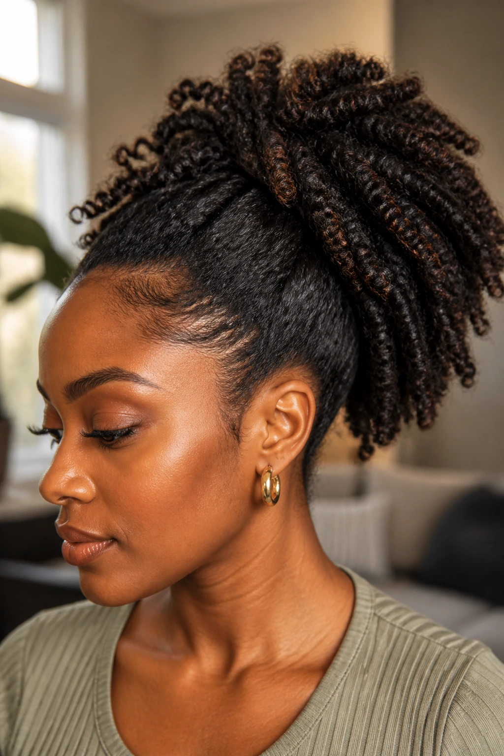 Close-up of a real woman with a twist-out puff ponytail showing textured curls filling the frame