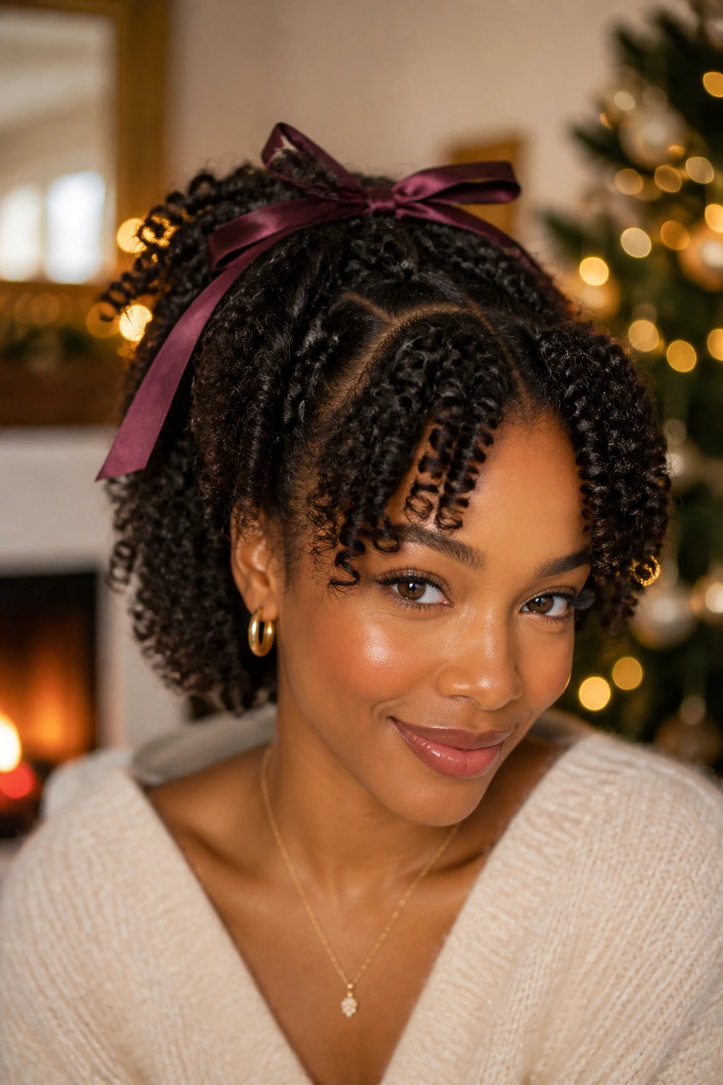 Close-up of a real woman with a twist-out and satin ribbon, festive curly hairstyle