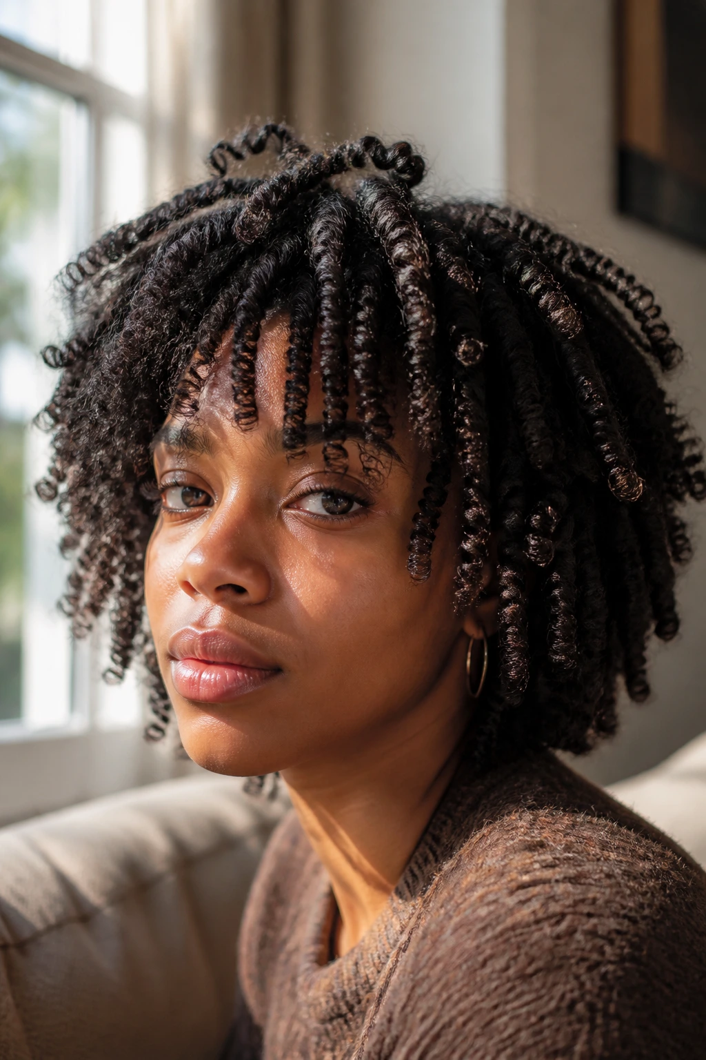 Close-up portrait of a real Black woman with twist-out shag and face-framing pieces in natural light.