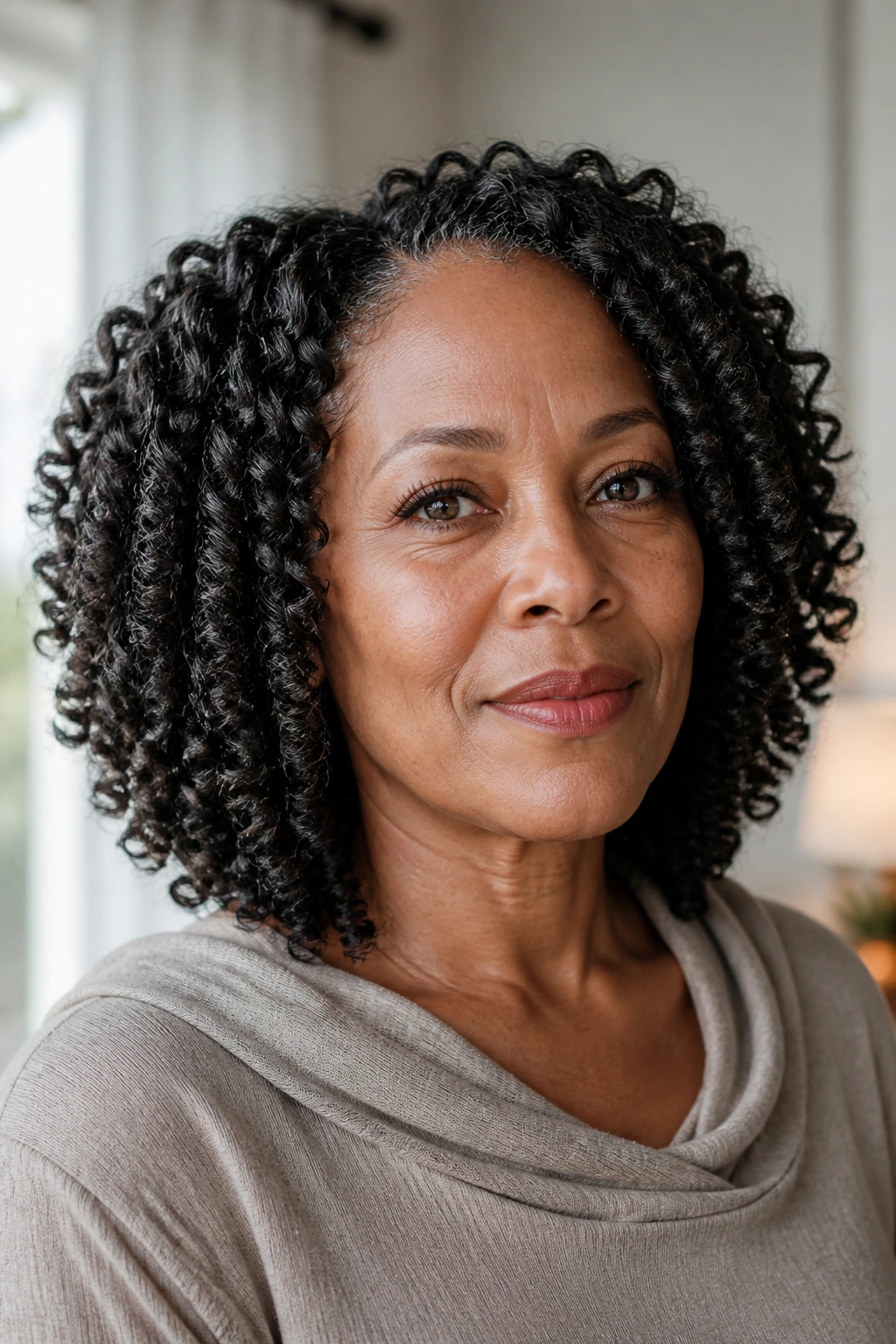 Close-up of a real woman with twist-out shoulder-length curls