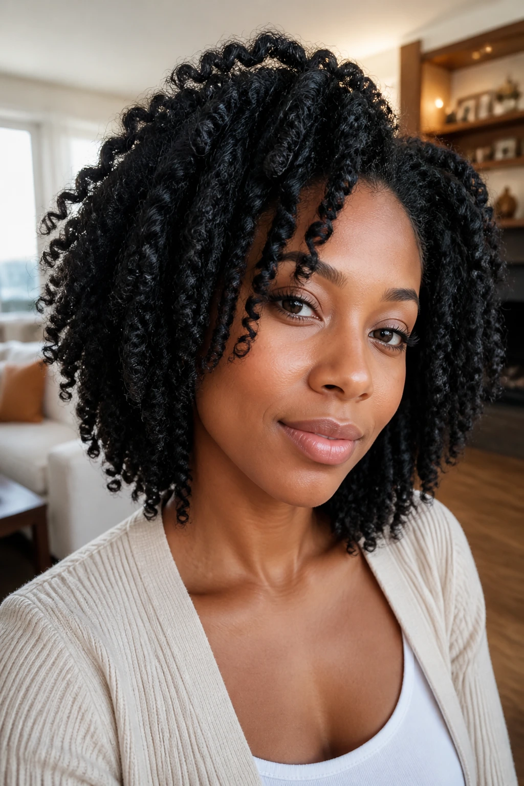 Close-up of a real woman with a twist-out at shoulder length, stretched curls