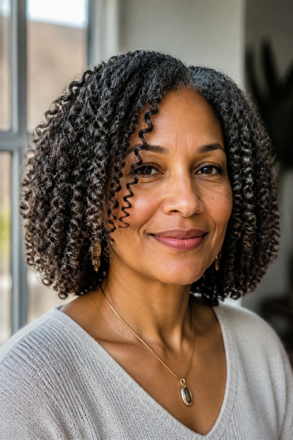 Real woman with twist-out shoulder shape, defined curls at shoulder length.