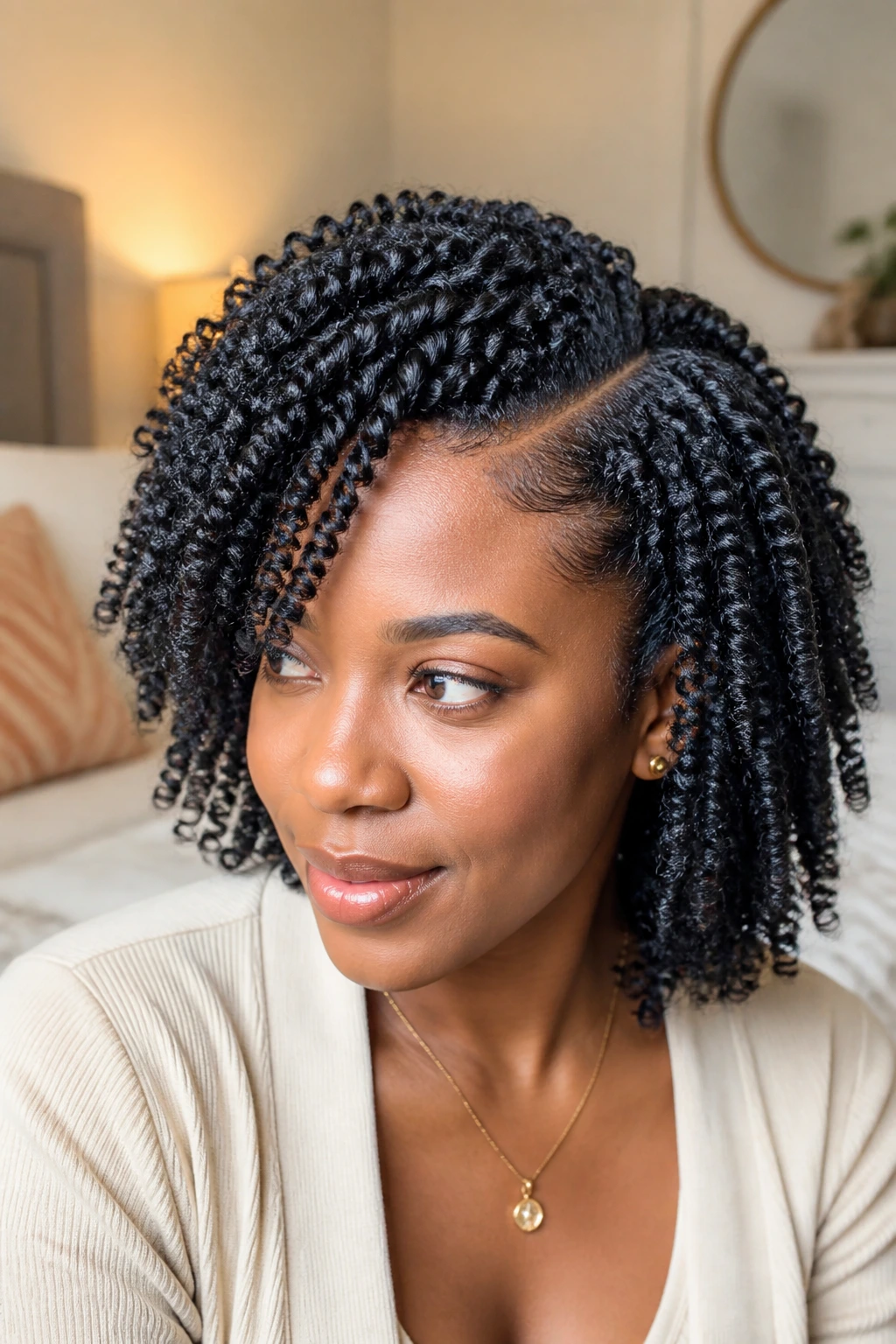 Close-up of a Black woman with a twist-out and side part.