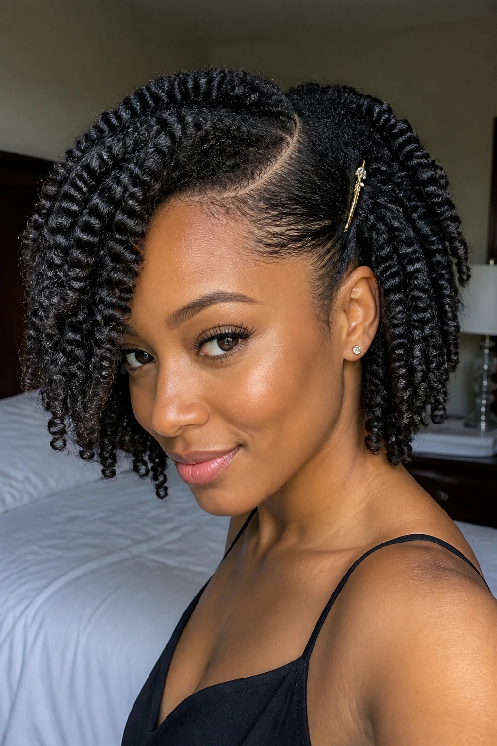 Close-up of a real woman's twist-out with side part and temple pin