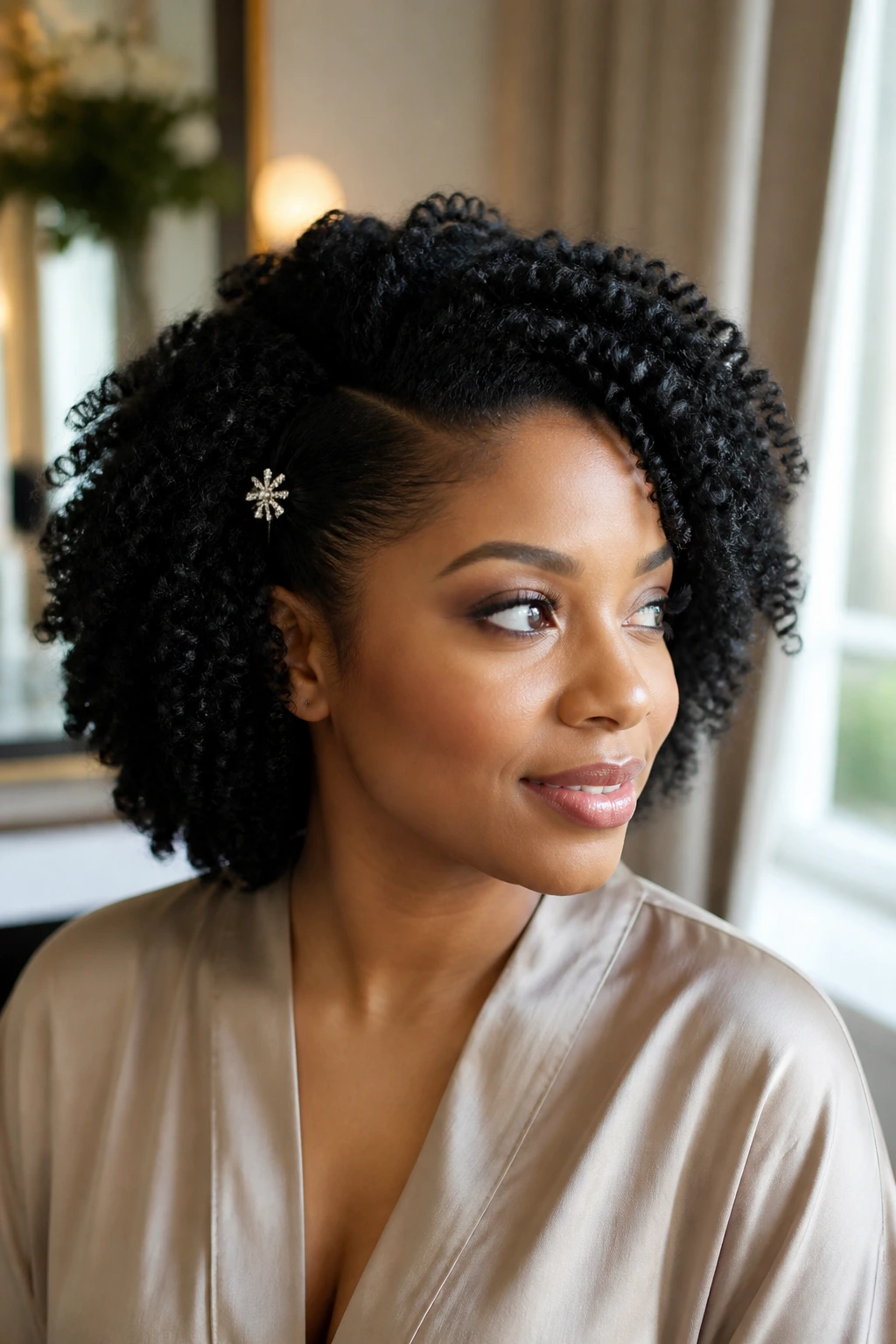 Portrait of a woman with defined twist-out and a side pin.